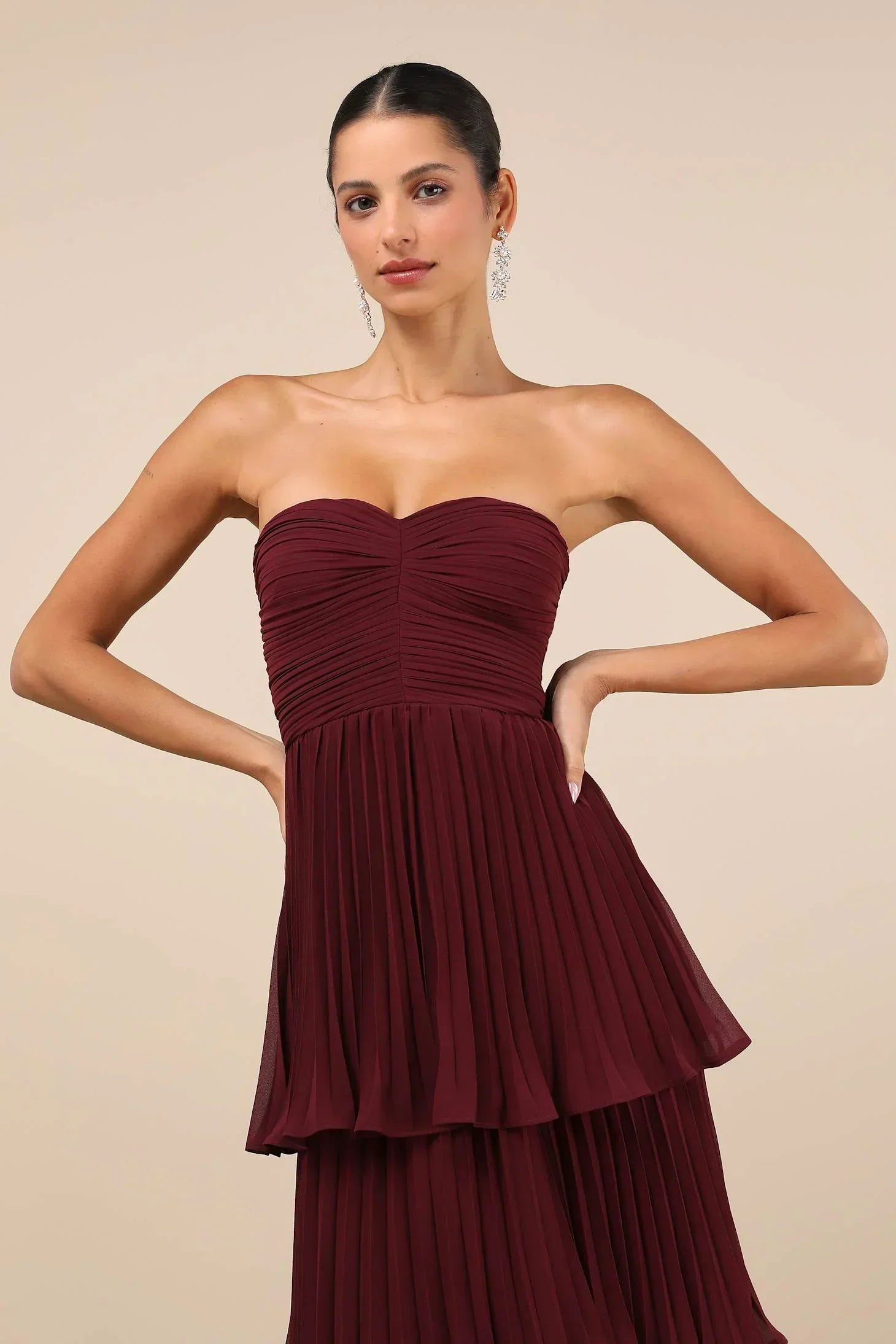 Burgundy Strapless Tiered Maxi Dress at Isadora London