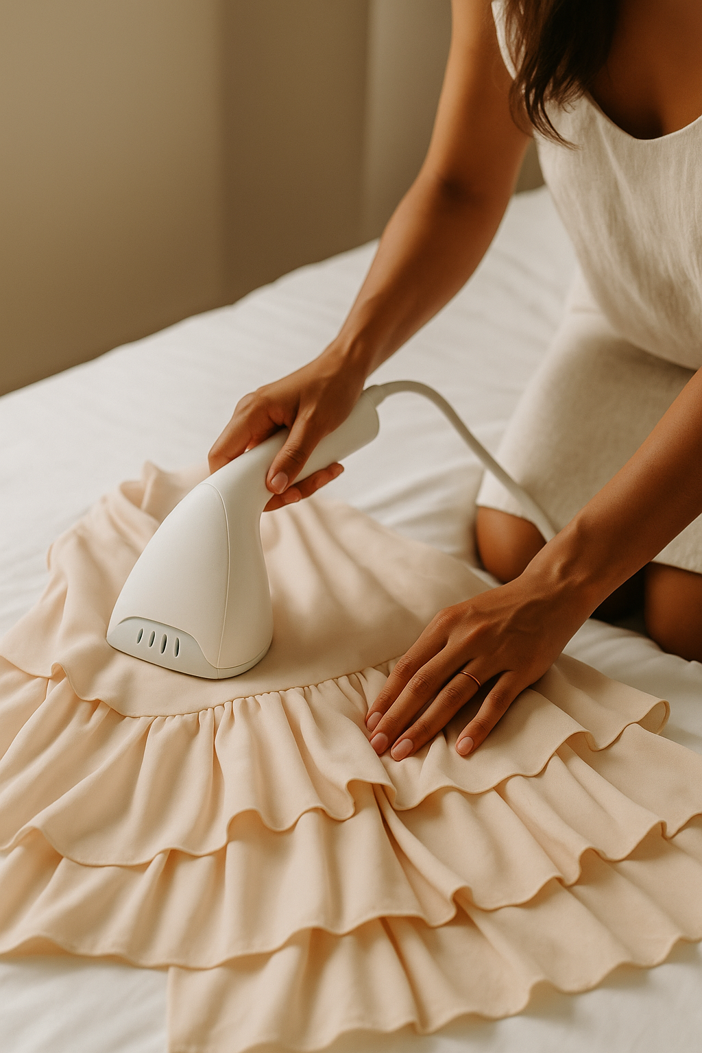 Woman steaming a ruffled beige summer dress on a bed – gentle fabric care for Isadora London dresses
