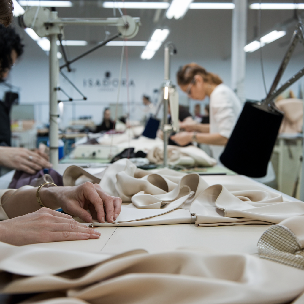 Artisan sewing workshop with fabrics being crafted into boutique fashion pieces – highlighting quality and detail at Isadora London.