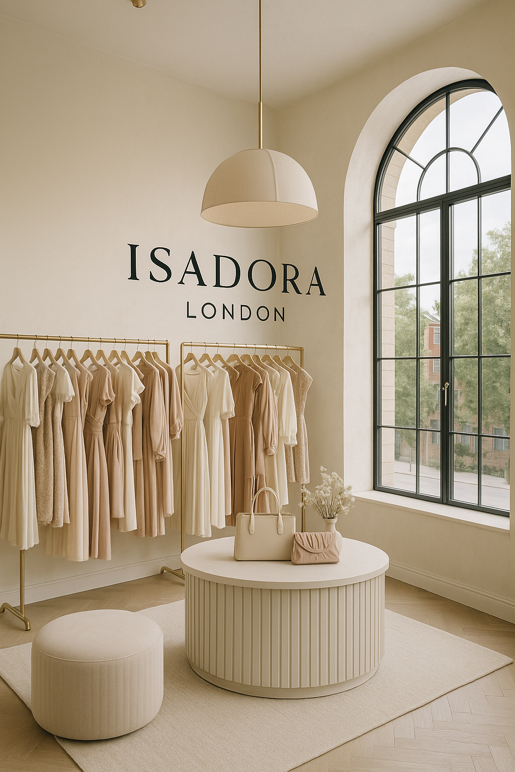 Isadora London showroom – minimalist beige summer dresses on display during seasonal sale