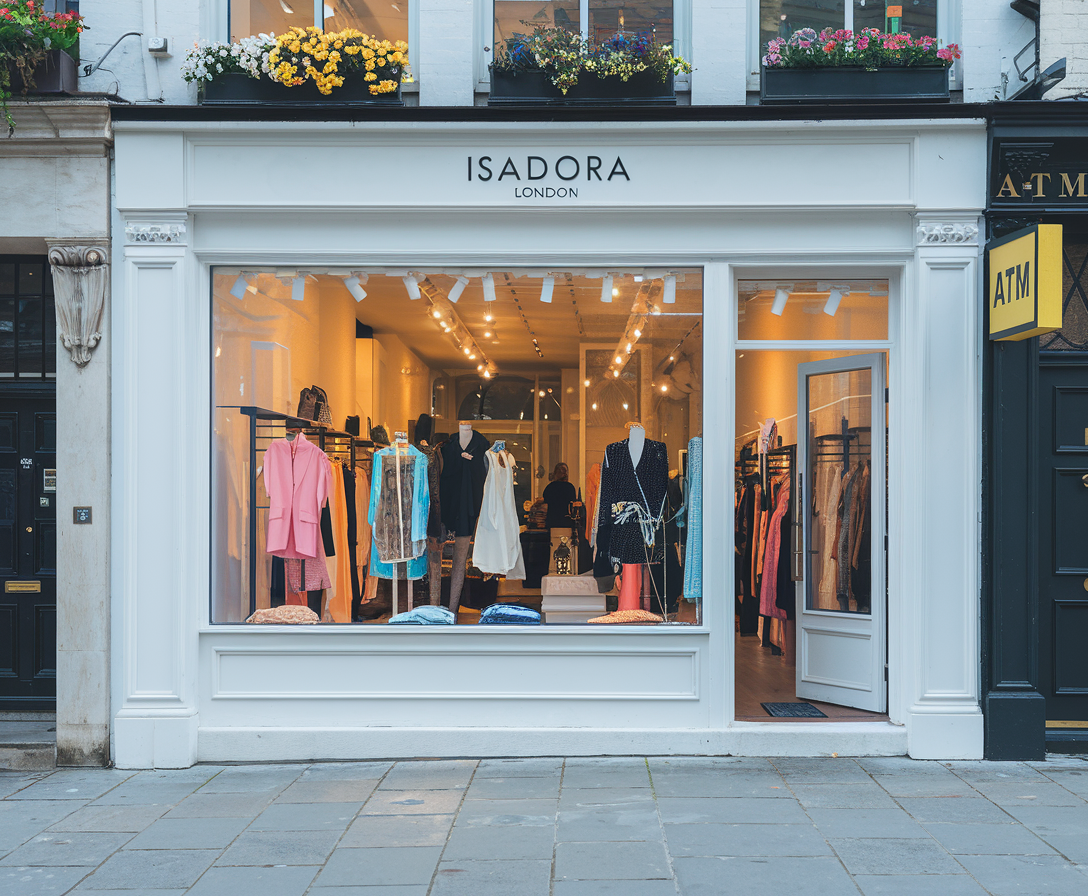 Elegant storefront of Isadora London boutique – showcasing curated dresses, feminine silhouettes & London fashion spirit