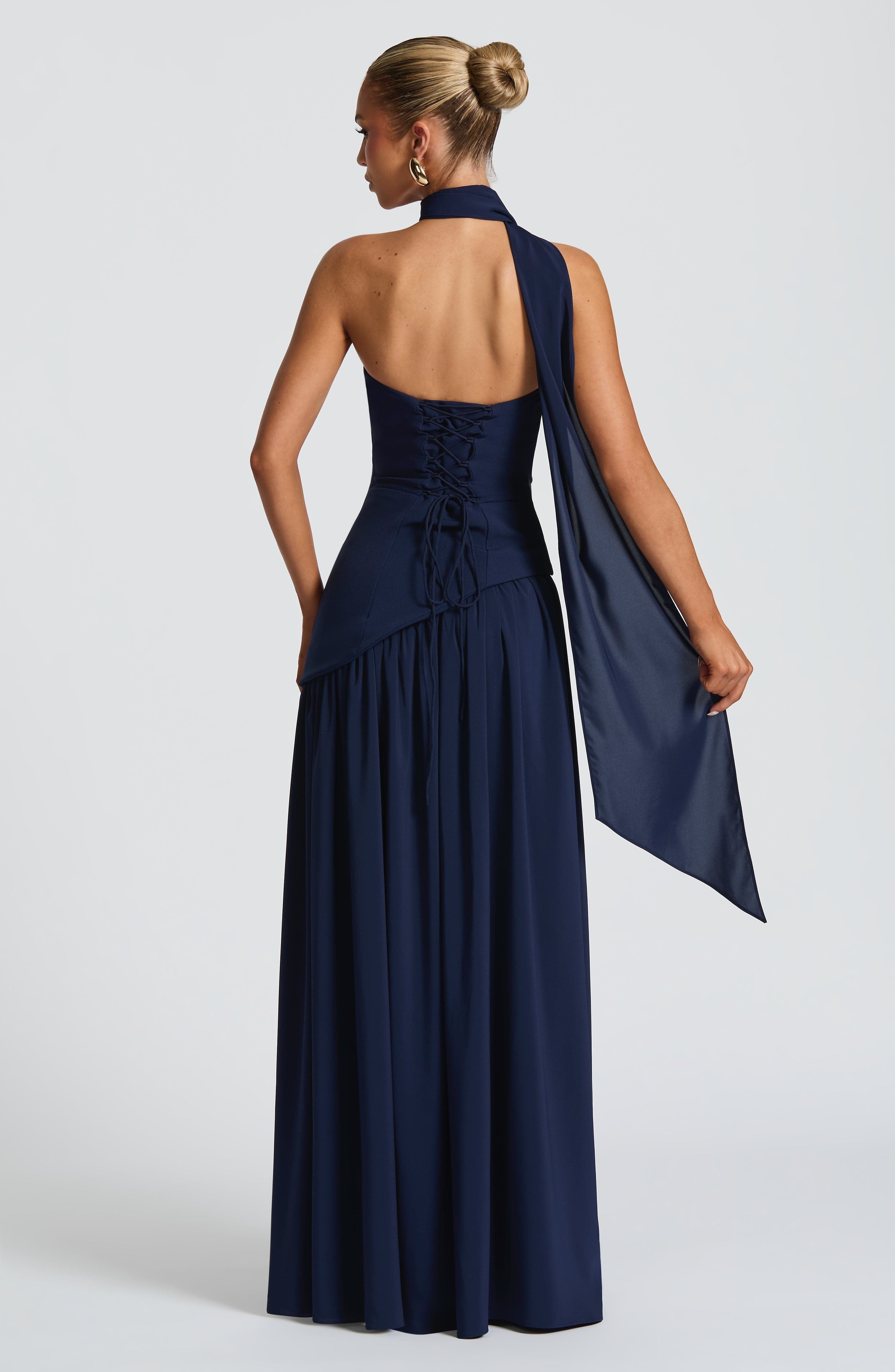 Blue Chic Slit Maxi Dress – Modern strapless formal dress with high slit, perfect for weddings and black-tie events