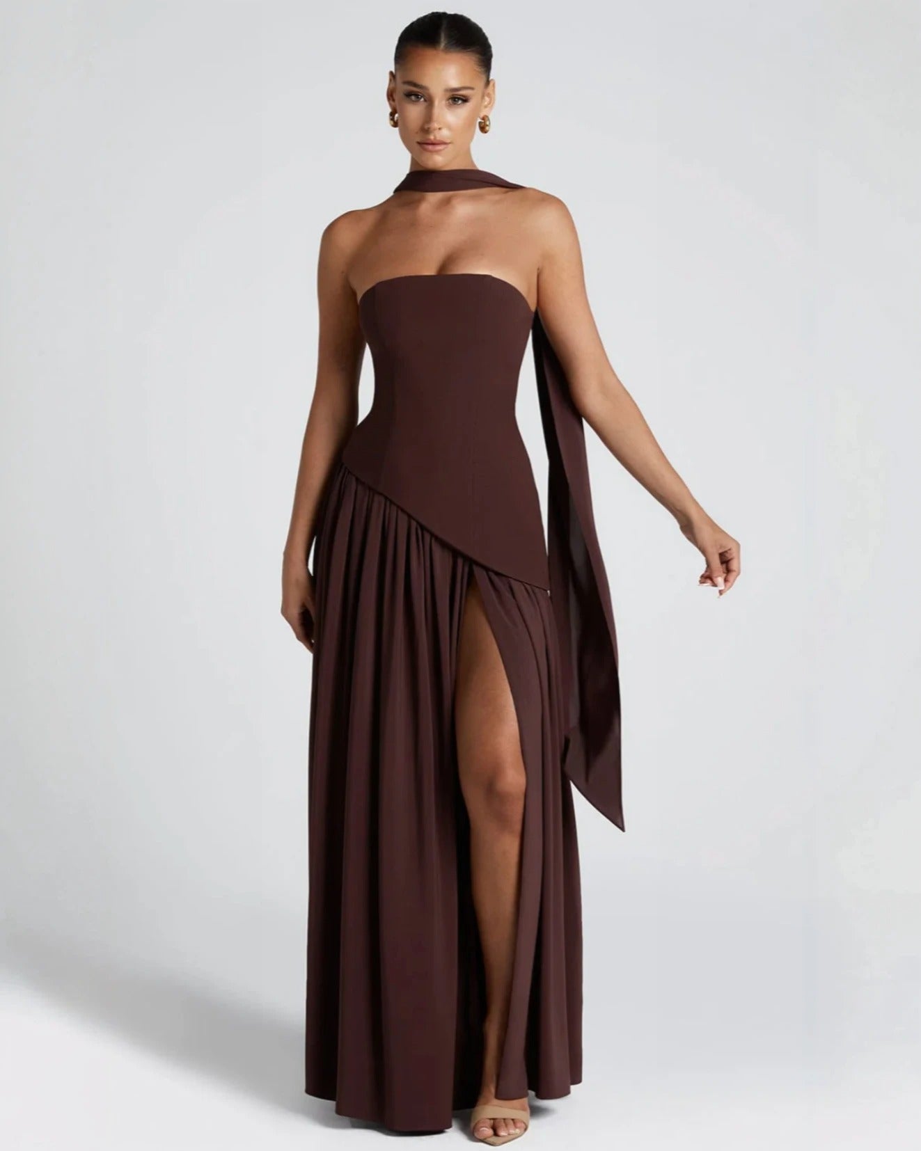 Brown Chic Slit Maxi Dress – Strapless evening gown for weddings and formal events with lace-up back and dramatic slit - front side