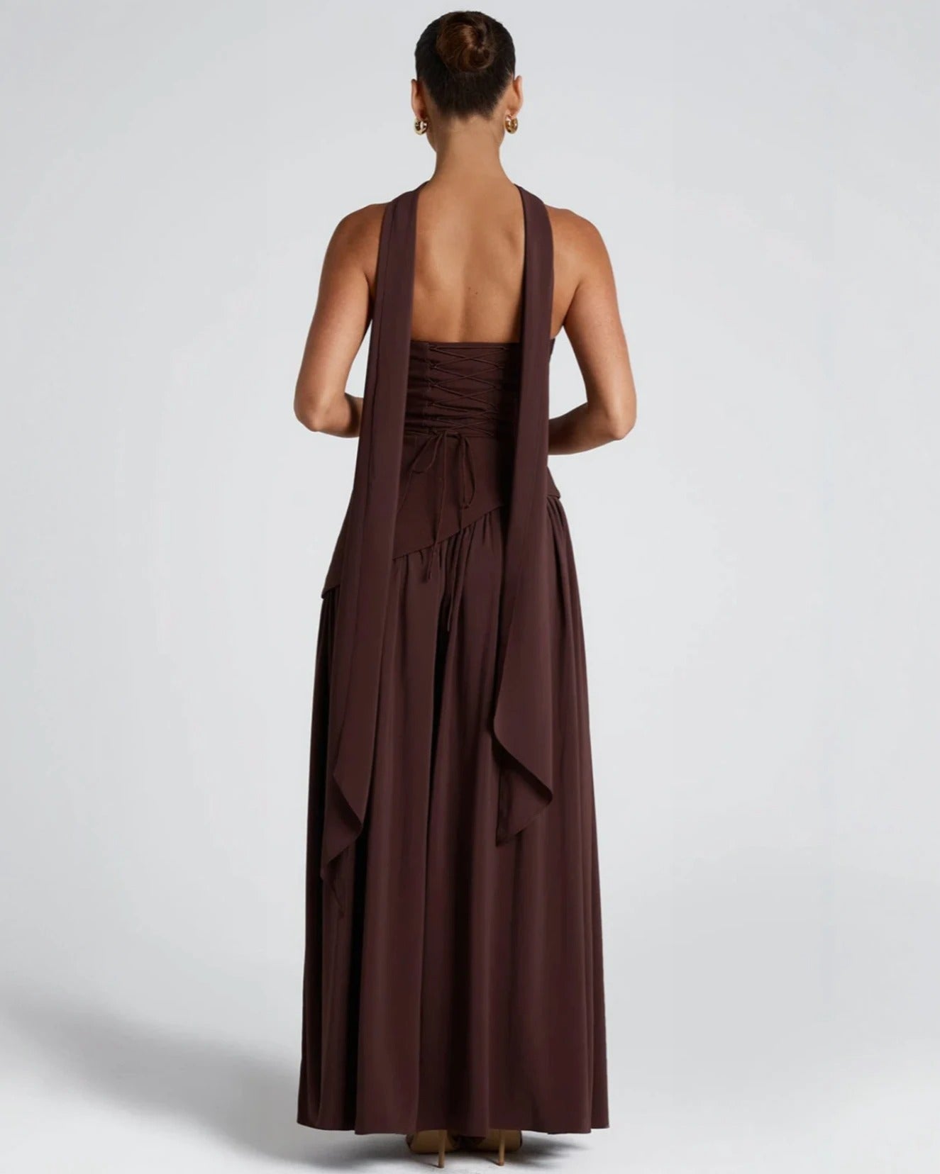 Brown Chic Slit Maxi Dress – Strapless evening gown for weddings and formal events with lace-up back and dramatic slit - back side