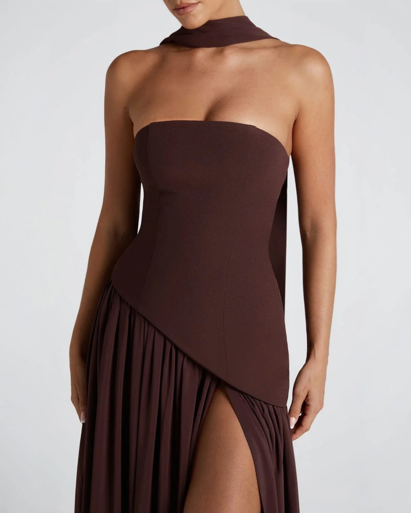 Brown Chic Slit Maxi Dress – Strapless evening gown for weddings and formal events with lace-up back and dramatic slit - detail side