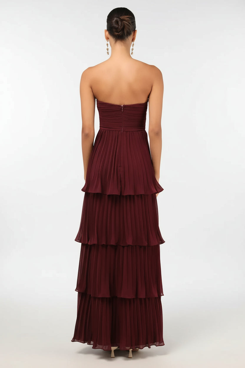 Back view burgundy strapless tiered maxi dress for formal evening event – Isadora London
