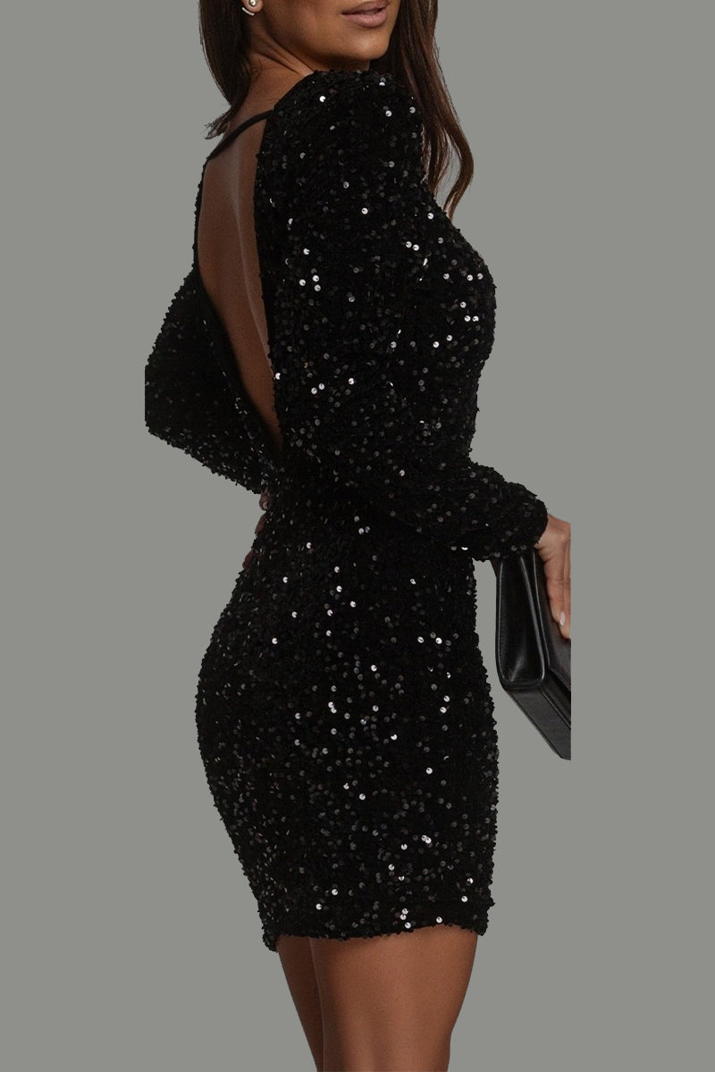 Backless view of the Celeste Sequin Mini Dress in black – glitter bodycon dress with open back for evening parties.