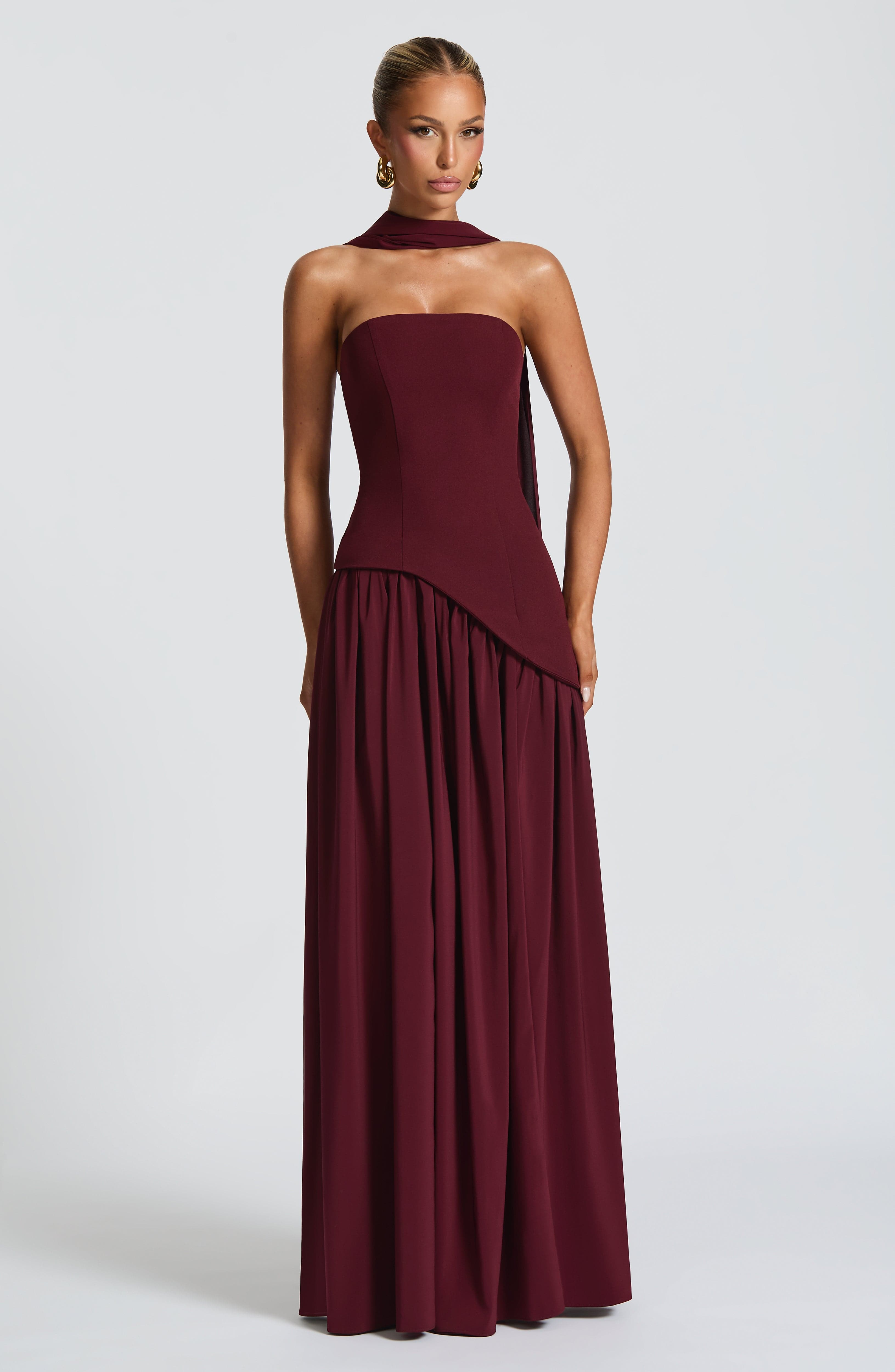 Cherry Lacquer Chic Slit Maxi Dress – Modern strapless formal dress with high slit, perfect for weddings and black-tie events