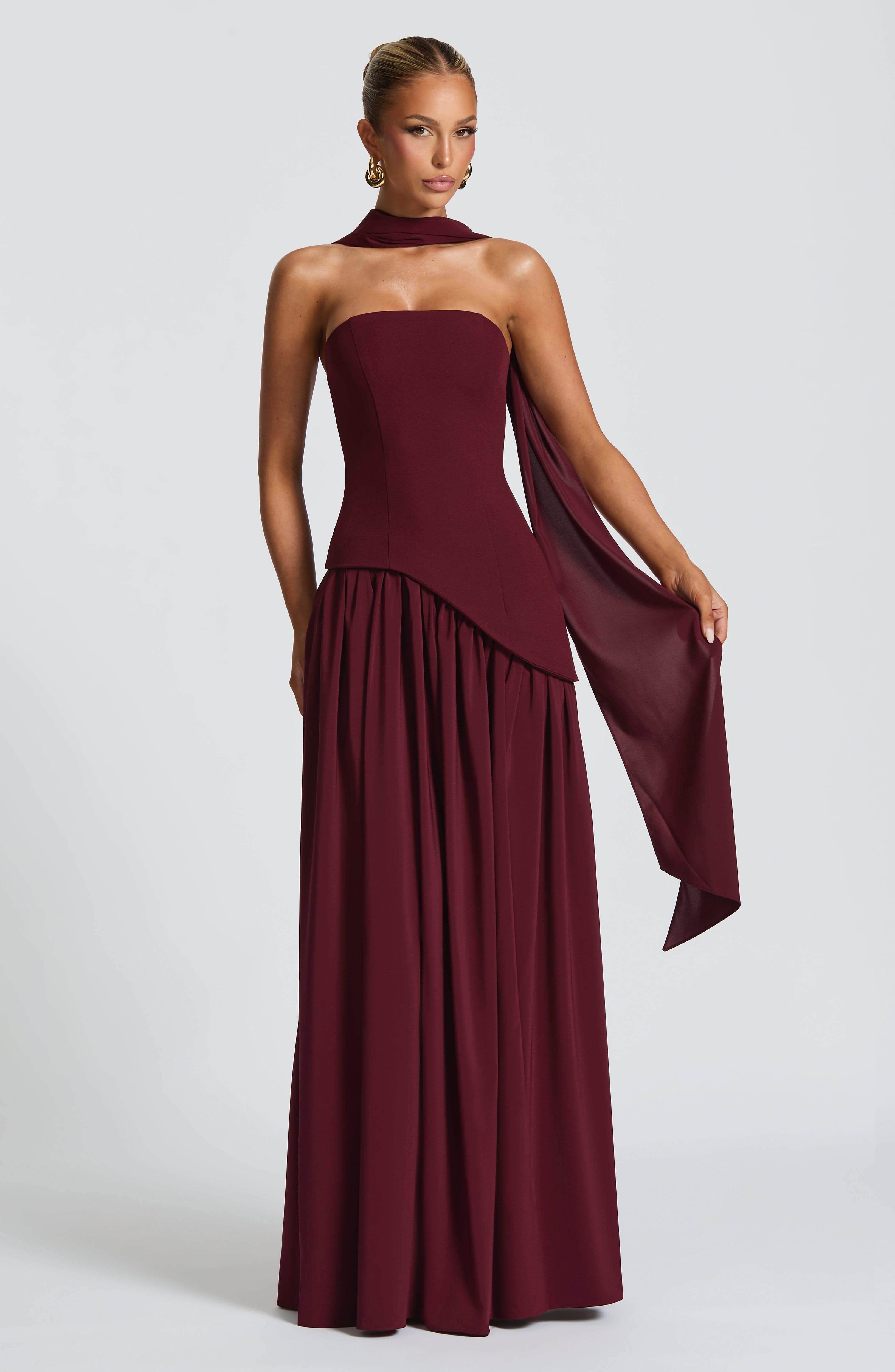 Cherry Lacquer Chic Slit Maxi Dress – Modern strapless formal dress with high slit, perfect for weddings and black-tie events