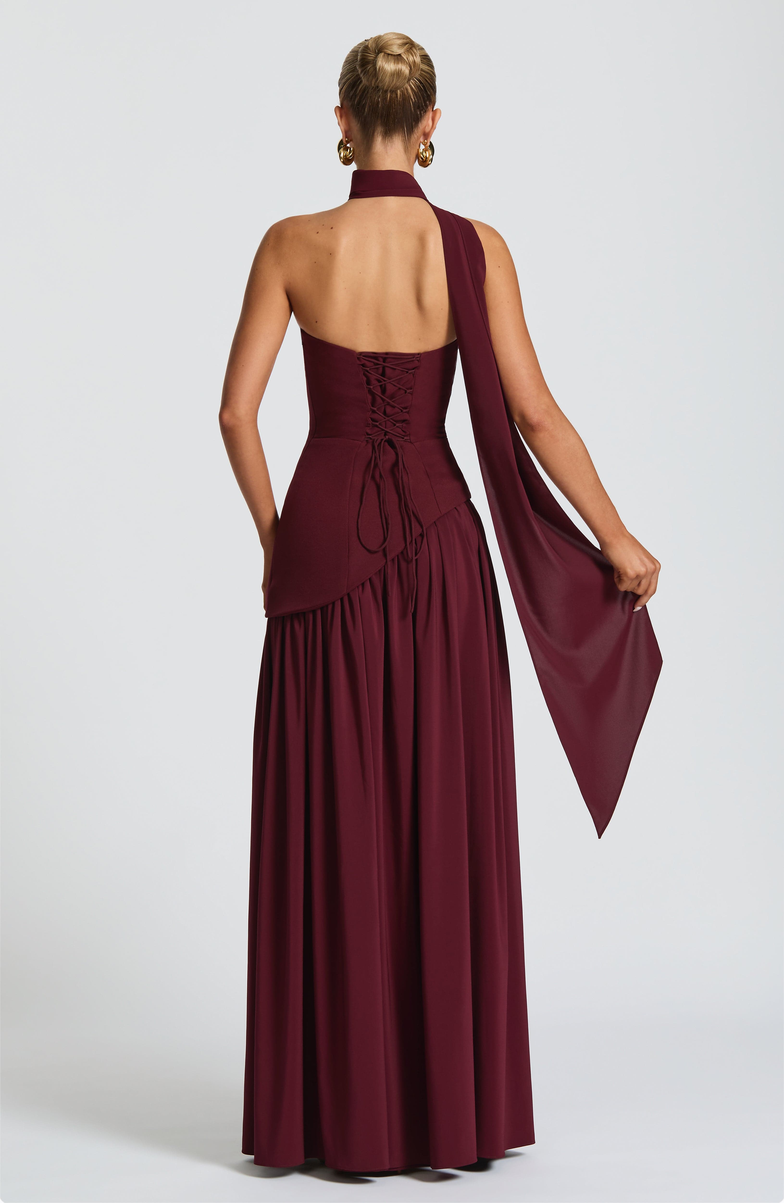 Cherry Lacquer Chic Slit Maxi Dress – Modern strapless formal dress with high slit, perfect for weddings and black-tie events