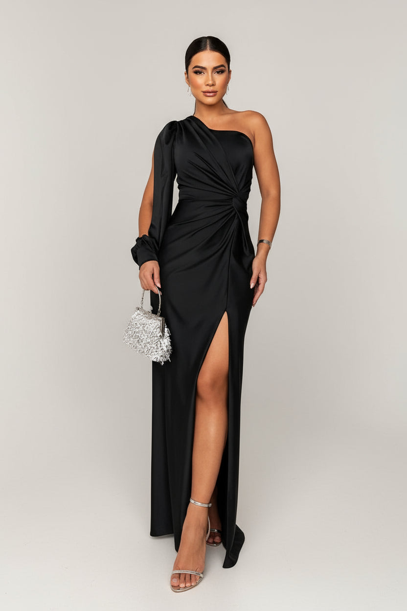 Black Elegant One Shoulder Wedding Guest Dress – front view with slit and clutch