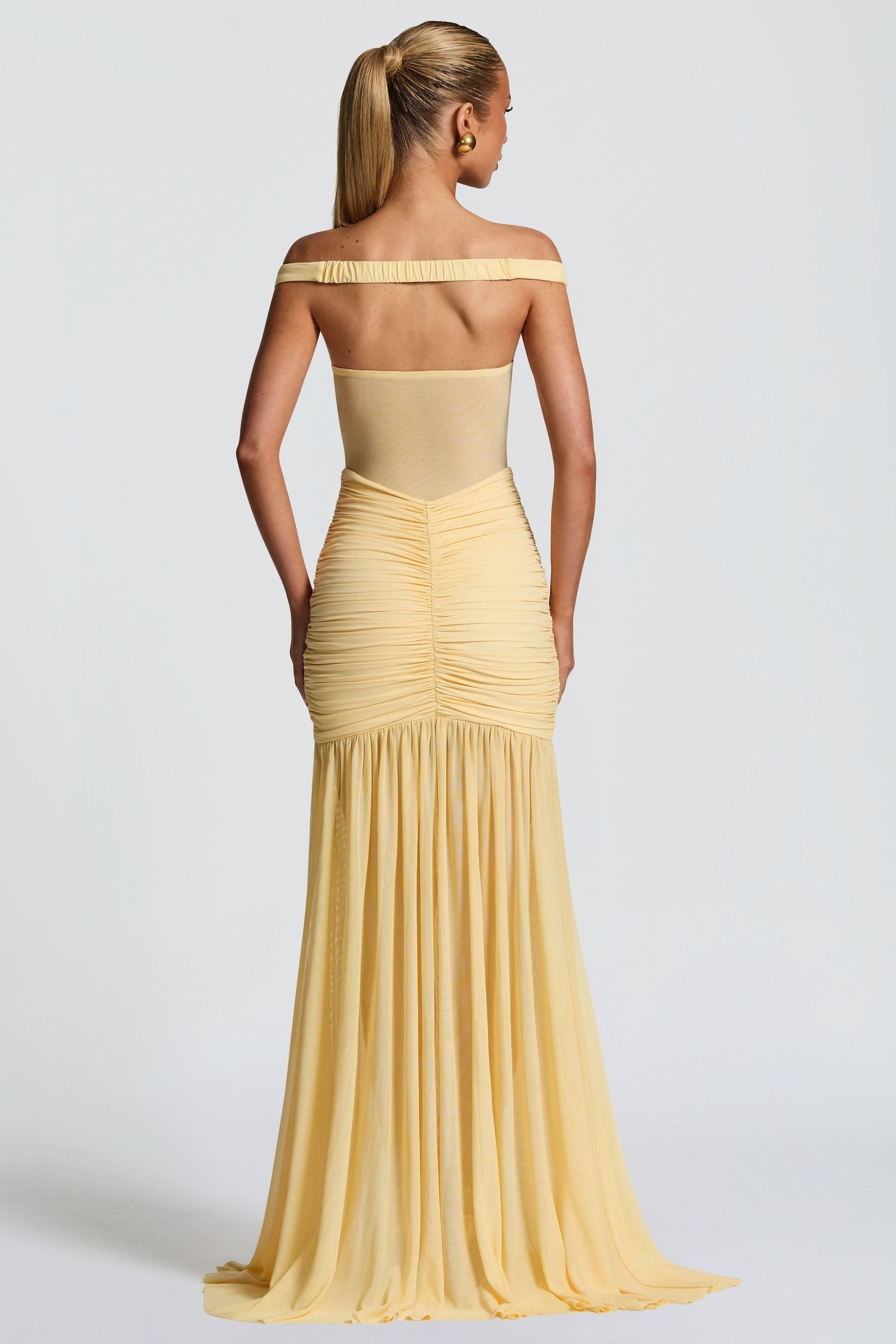 Back side of yellow Elegant Occasion Dress, flattering neckline – Isadora London