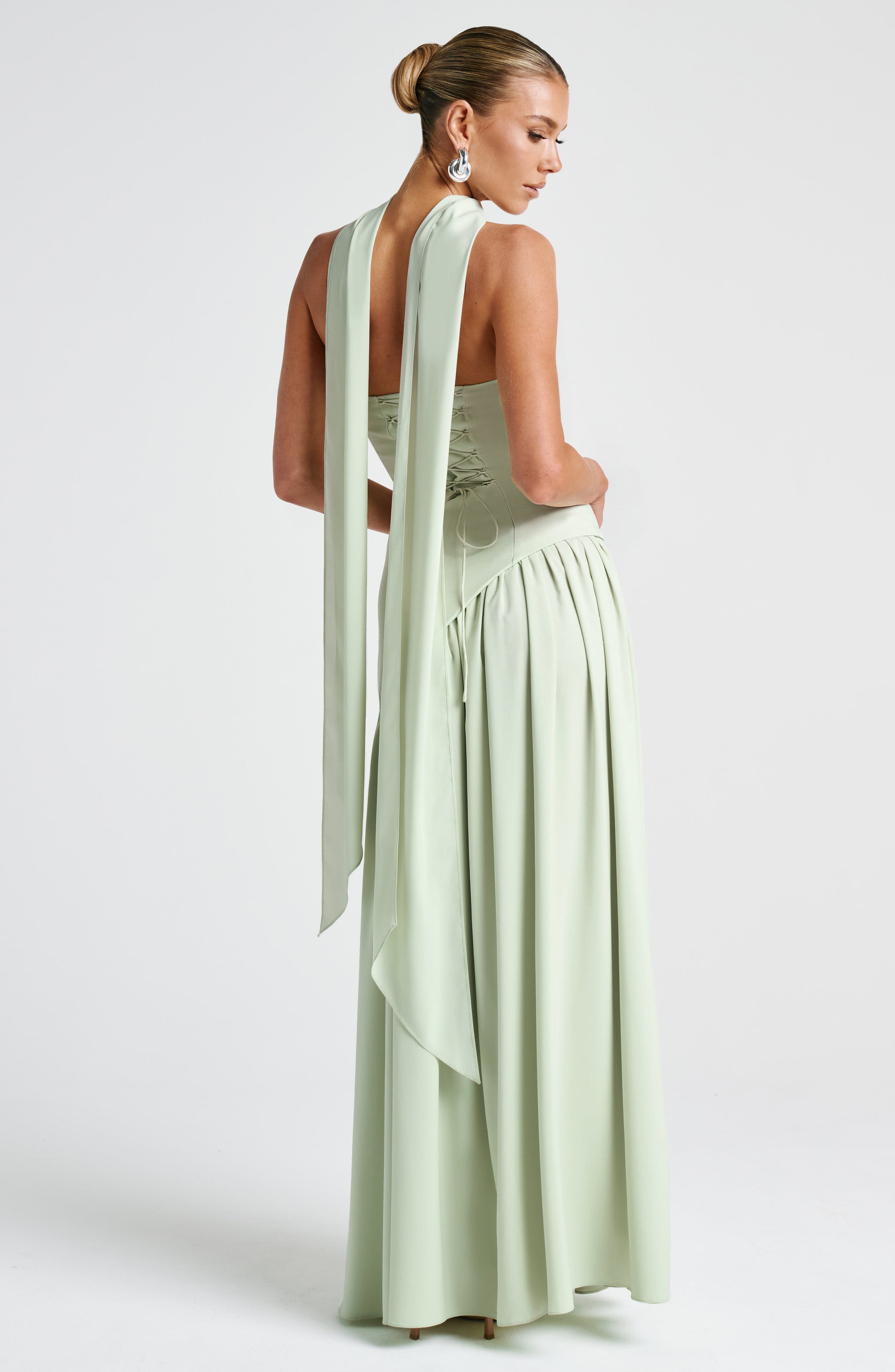 Green Chic Slit Maxi Dress – Stylish maxi dress for weddings or parties with open back and elegant chiffon skirt - back side