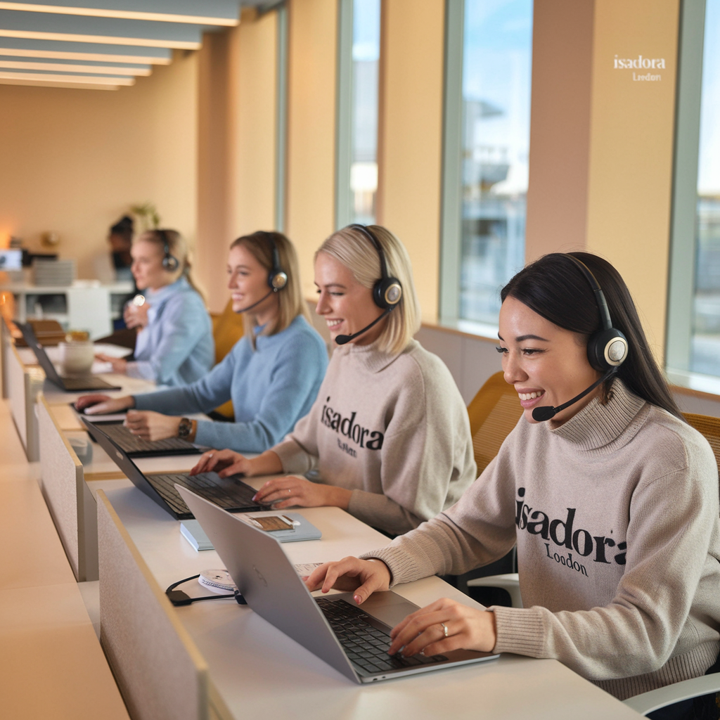 Isadora London customer support team assisting clients – smiling women wearing headsets and branded jumpers