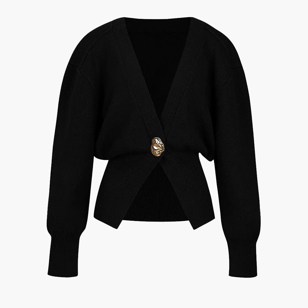 Elegant Black Sweater Cardigan by Isadora London – luxe knit with gold detail and flattering fit.