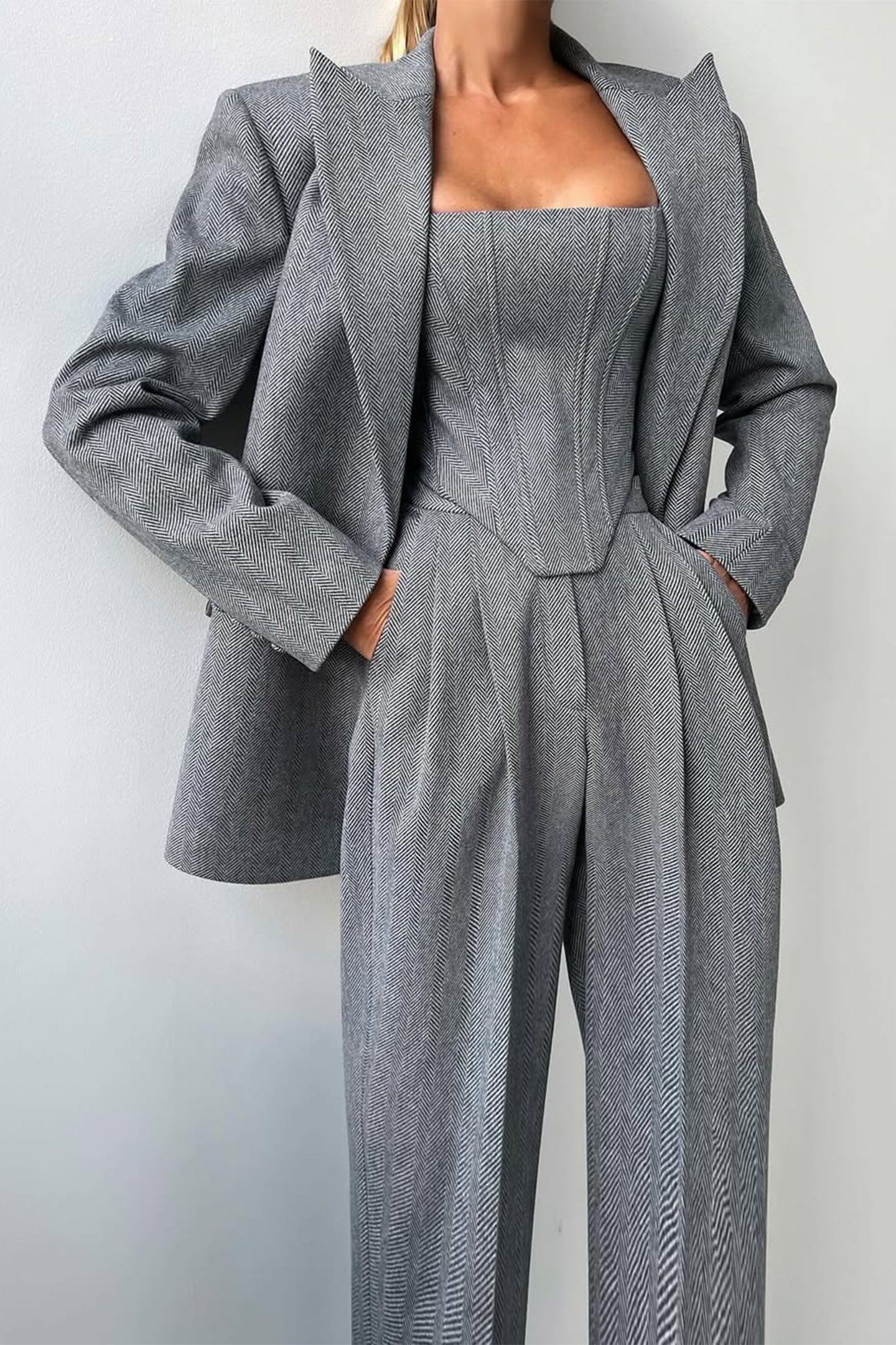 Double-Breasted Blazer Three-Piece Set in grey by Isadora London – tailored blazer with matching corset top and trousers.