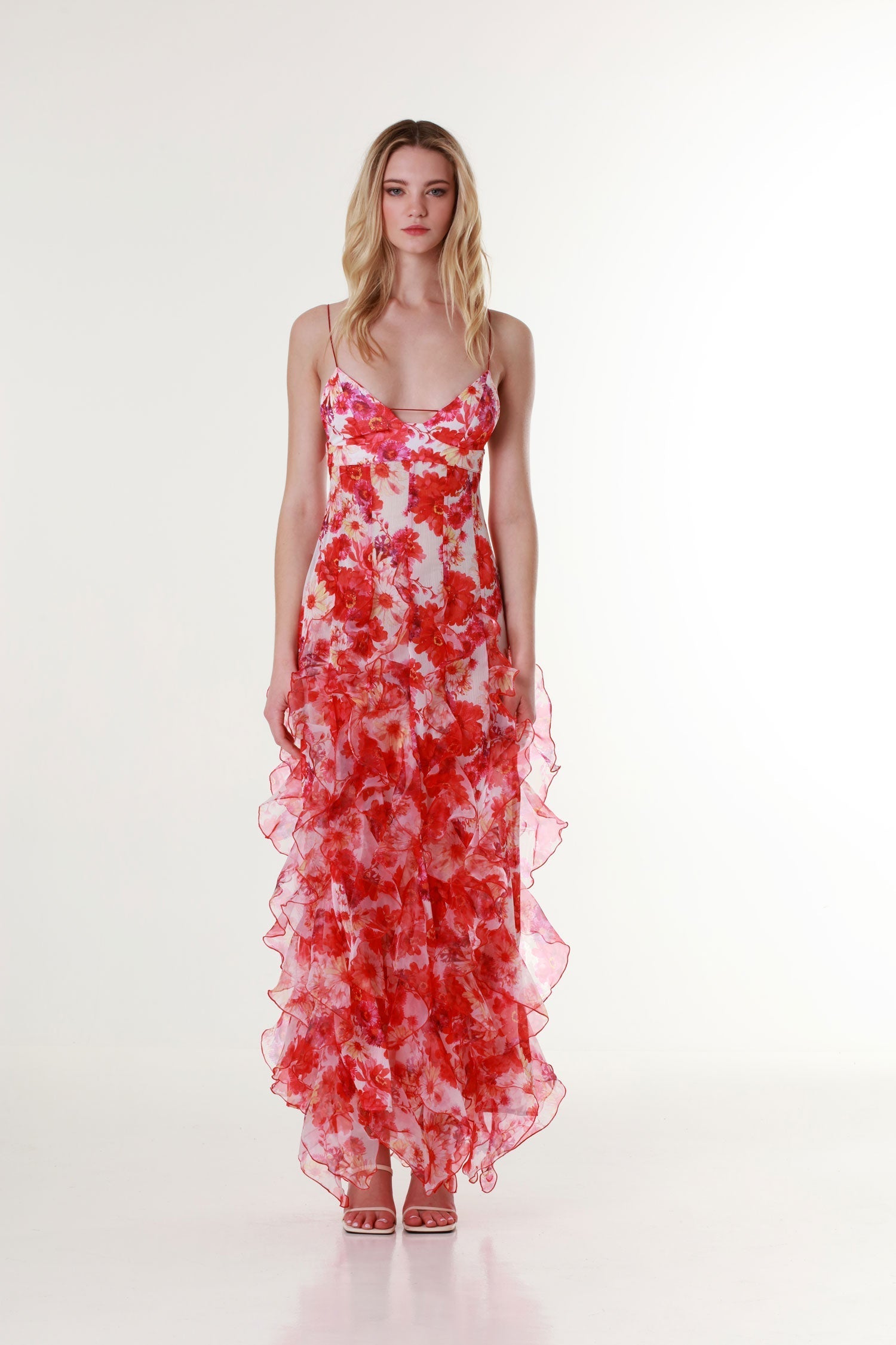 Side view of Margot Dress by Isadora London – floral print summer evening gown