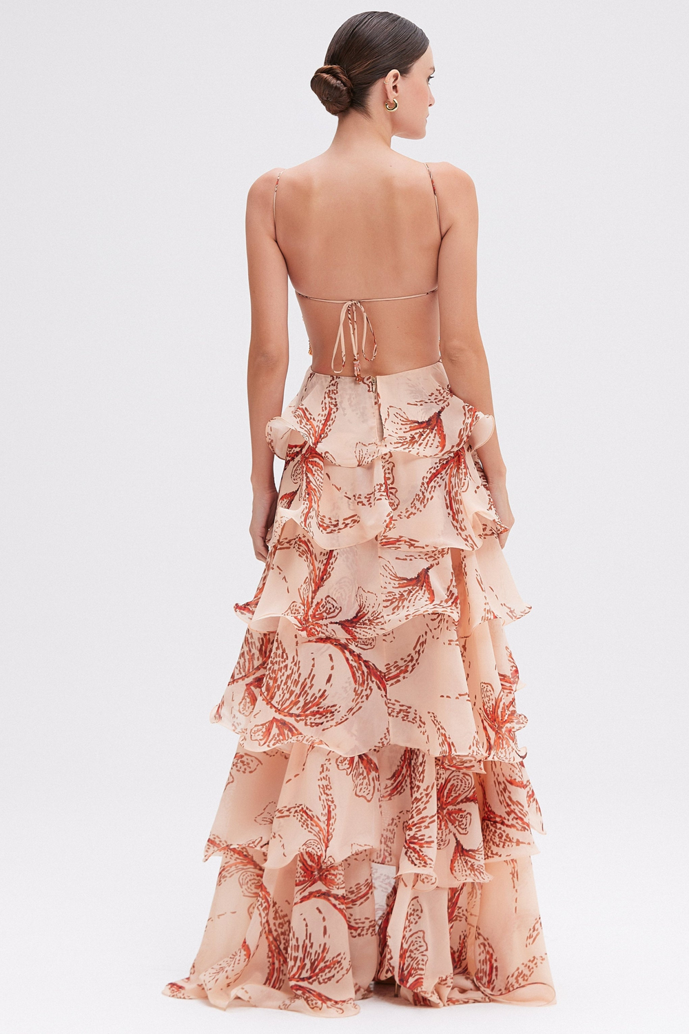 Back view of Mariposa Floral Maxi Dress – flowing ruffled skirt with adjustable straps by Isadora London.