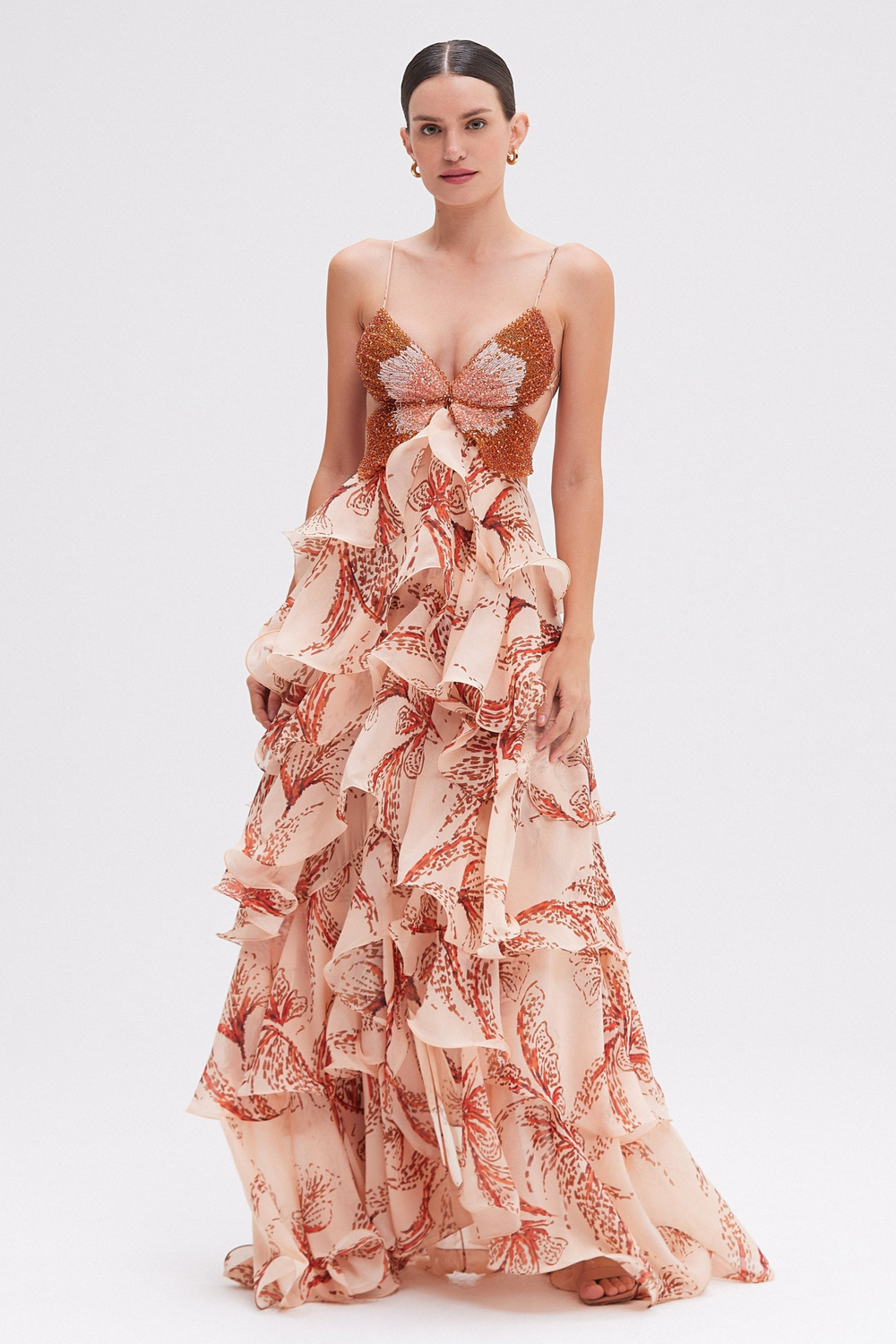 Mariposa Floral Maxi Dress by Isadora London – elegant ruffled wedding guest dress with butterfly motif.