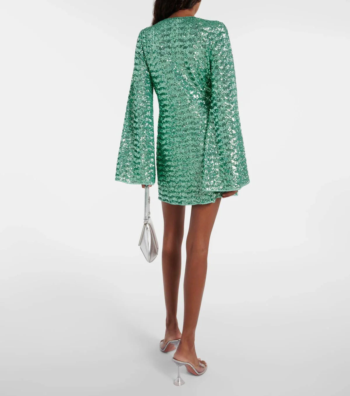 Back view of the Sequin Sparkle Mini Dress in green – chic party mini with flattering fit by Isadora London.