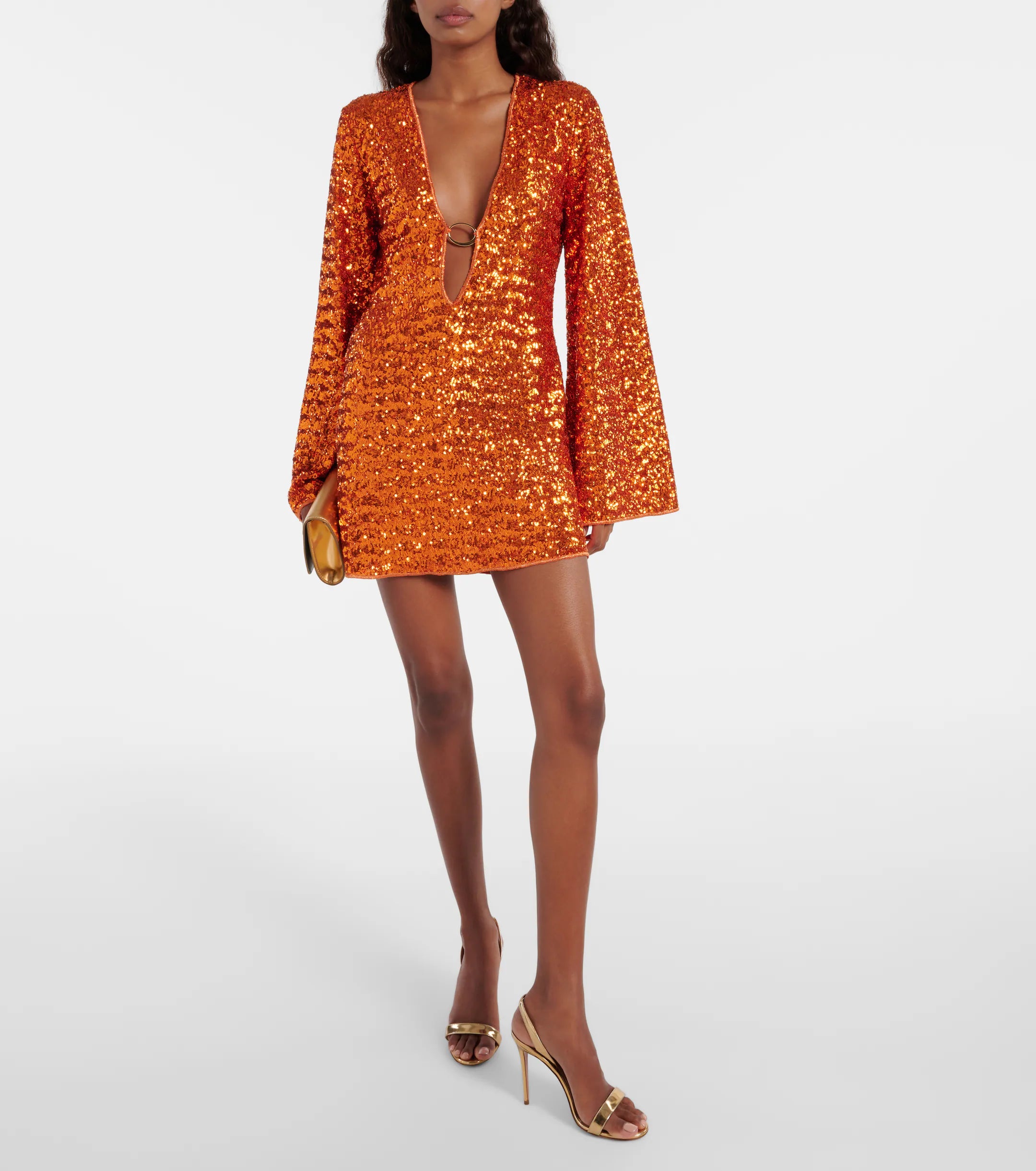 Sequin Sparkle Mini Dress in orange – glamorous V-neck party dress with dramatic sleeves by Isadora London.