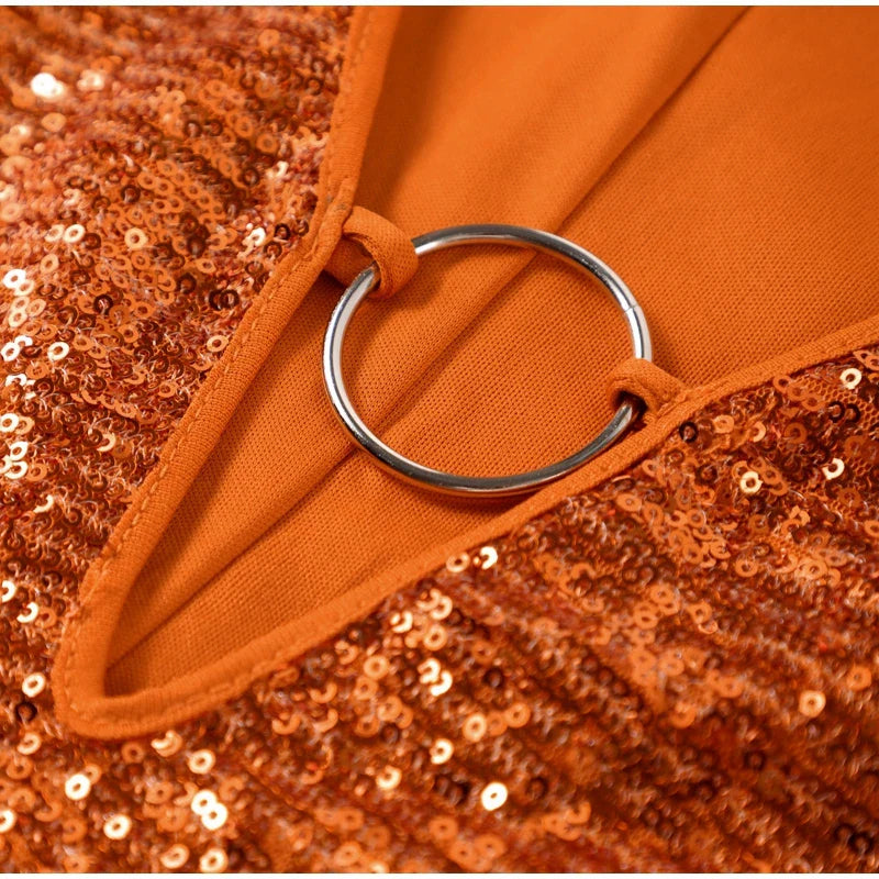 Gold ring neckline detail of the Sequin Sparkle Mini Dress in orange – signature Isadora London party style.