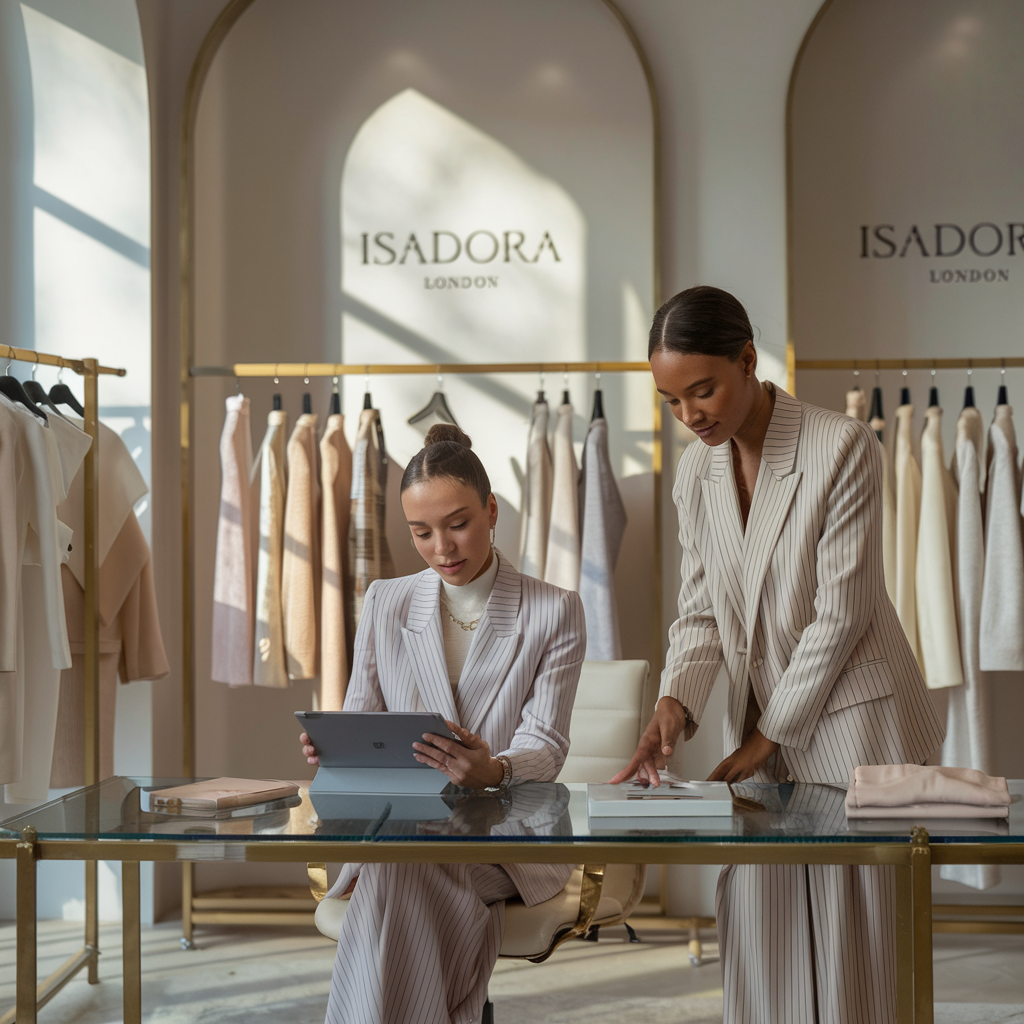 Two women in stylish blazers working at Isadora London showroom – fashion careers in a modern studio environment