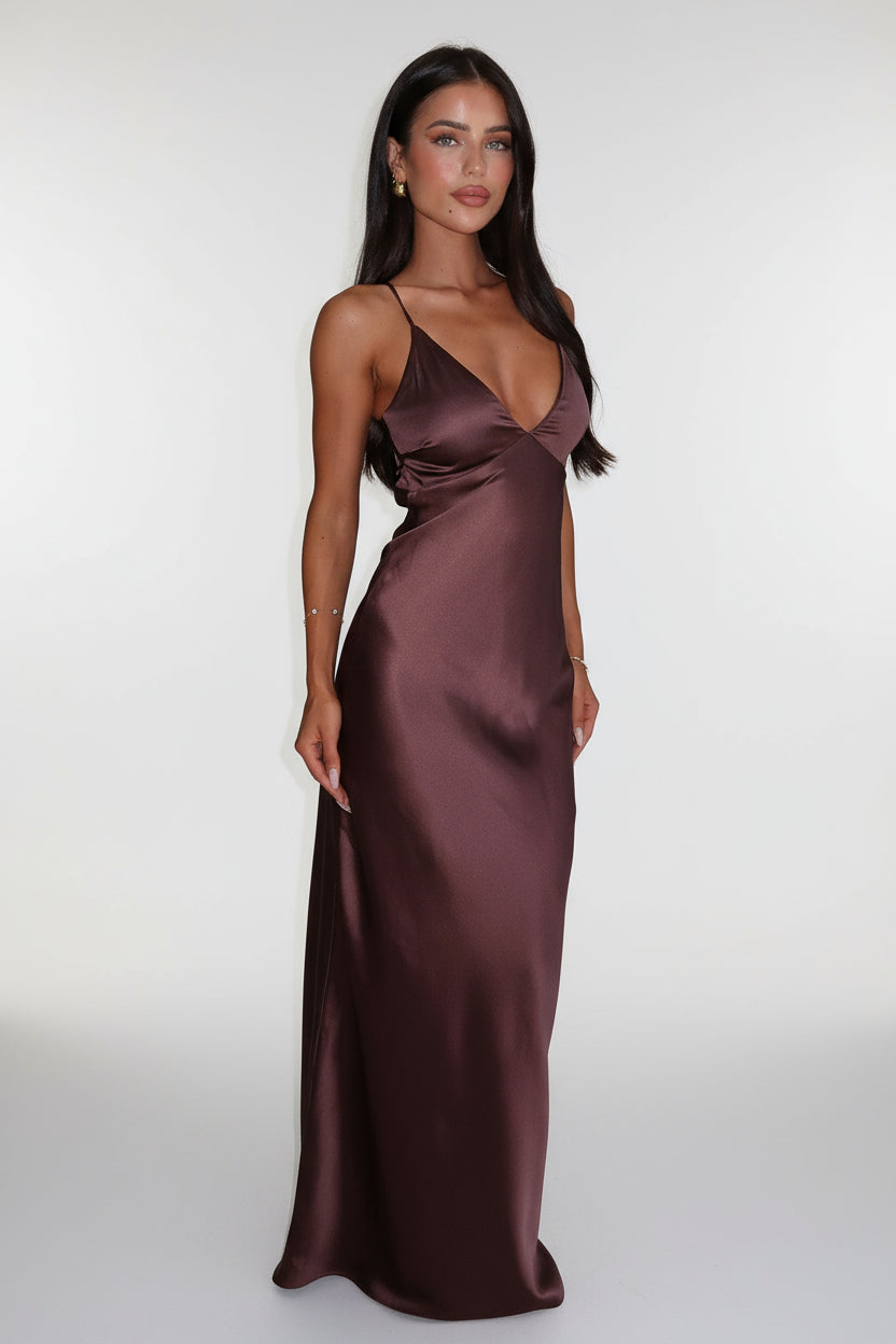 Back view of the Mocha Luxe Satin Maxi Dress – open-back satin gown designed for evening elegance and sophisticated events.