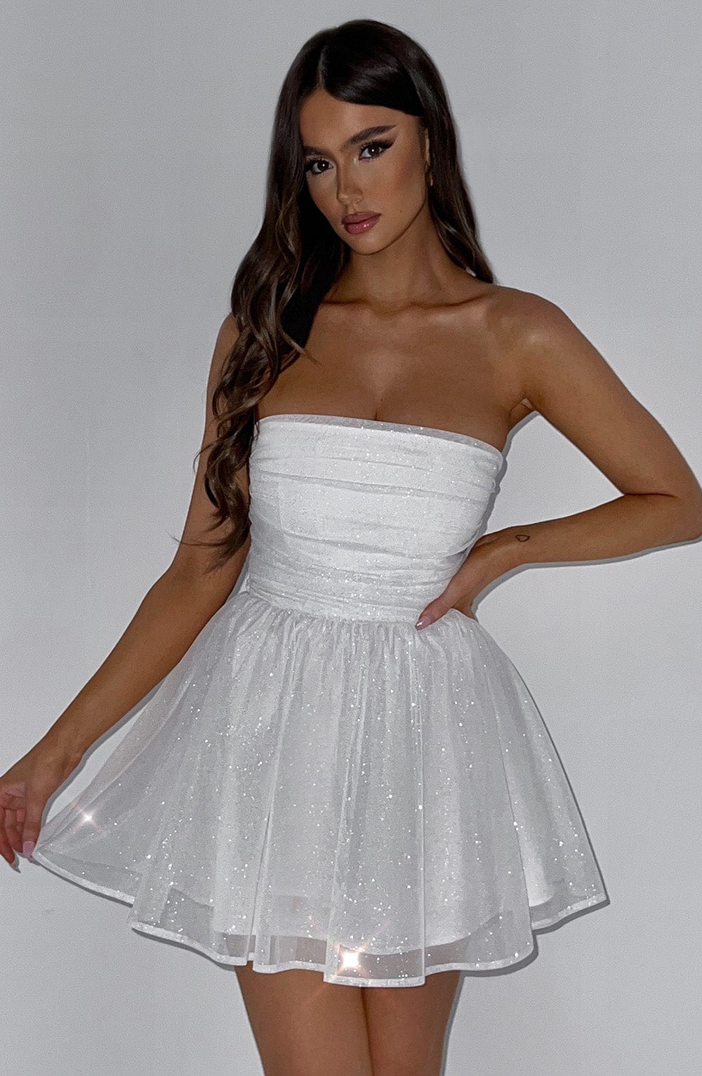 Ivory Sparkle Mini Dress – strapless corset design with flared mini skirt, perfect for parties and special occasions.