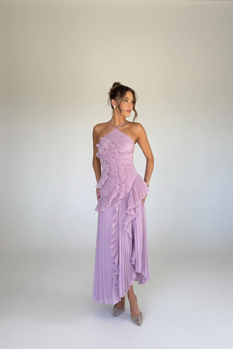 Isadora London Delightful Ruffled Wedding Guest Dress – doorway pose, sleeveless lilac summer dress