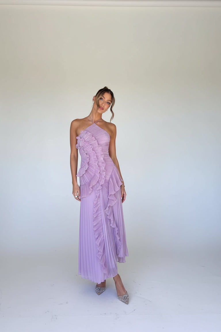 Isadora London Delightful Ruffled Wedding Guest Dress – front view in lilac, elegant ruffle detailing