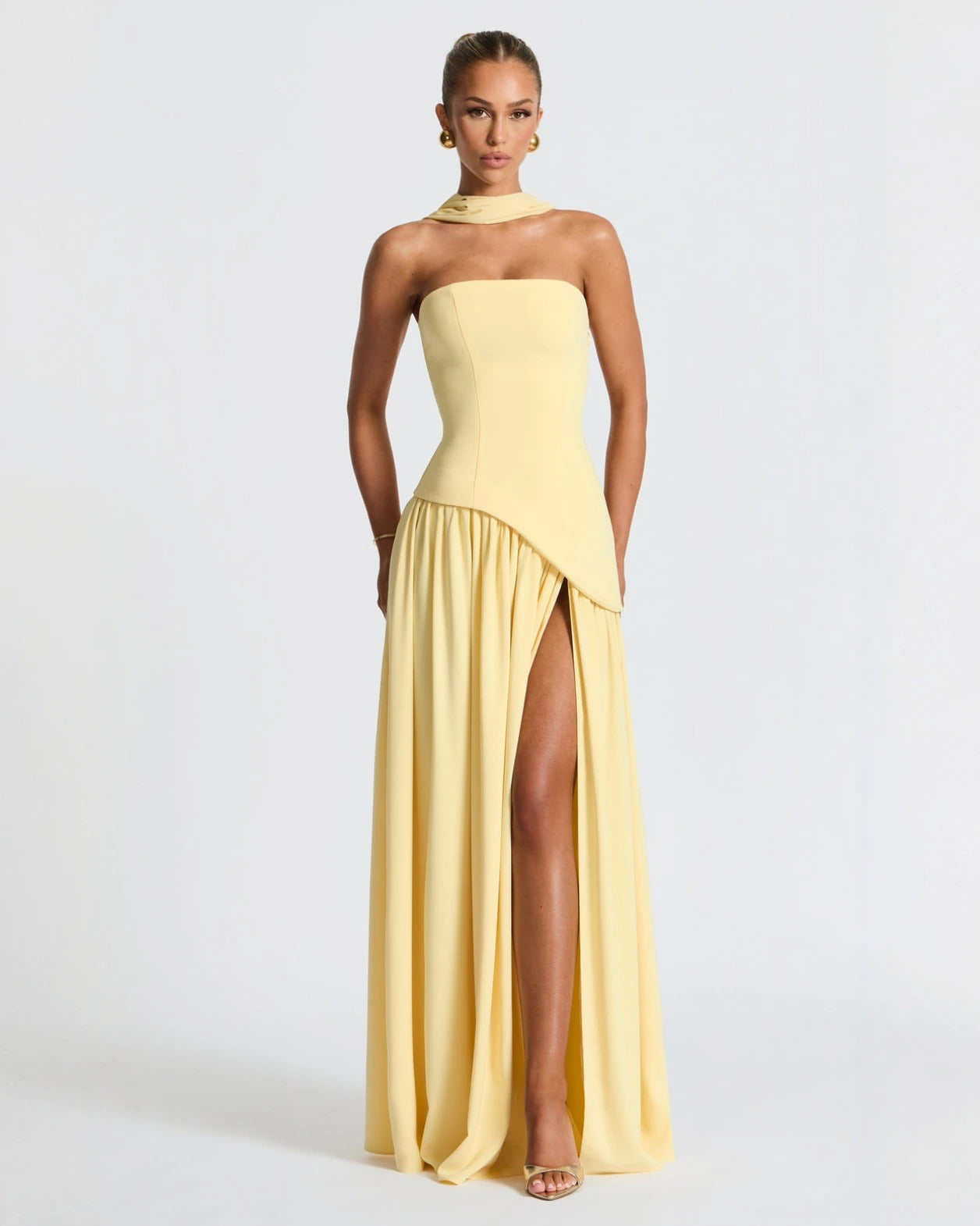 Yellow Chic Slit Maxi Dress – Elegant strapless wedding guest dress with thigh-high slit and flowing chiffon skirt