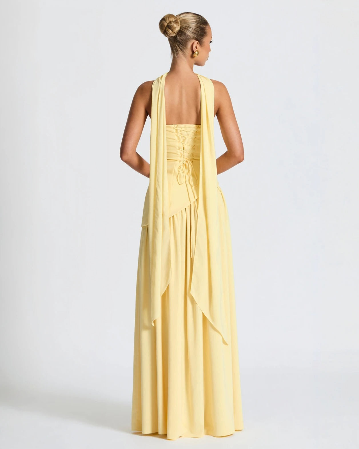 Yellow Chic Slit Maxi Dress – Elegant strapless wedding guest dress with thigh-high slit and flowing chiffon skirt - Back Side