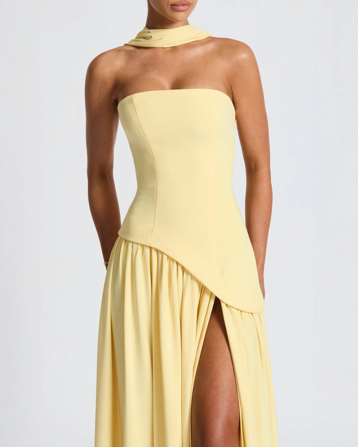 Yellow Chic Slit Maxi Dress – Elegant strapless wedding guest dress with thigh-high slit and flowing chiffon skirt - front detail