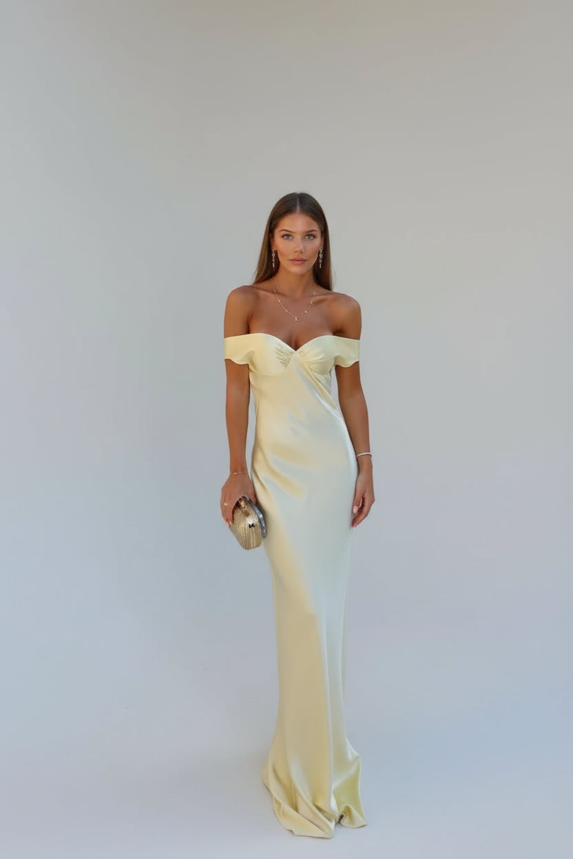 Elegant yellow off-shoulder wedding guest dress – Isadora London