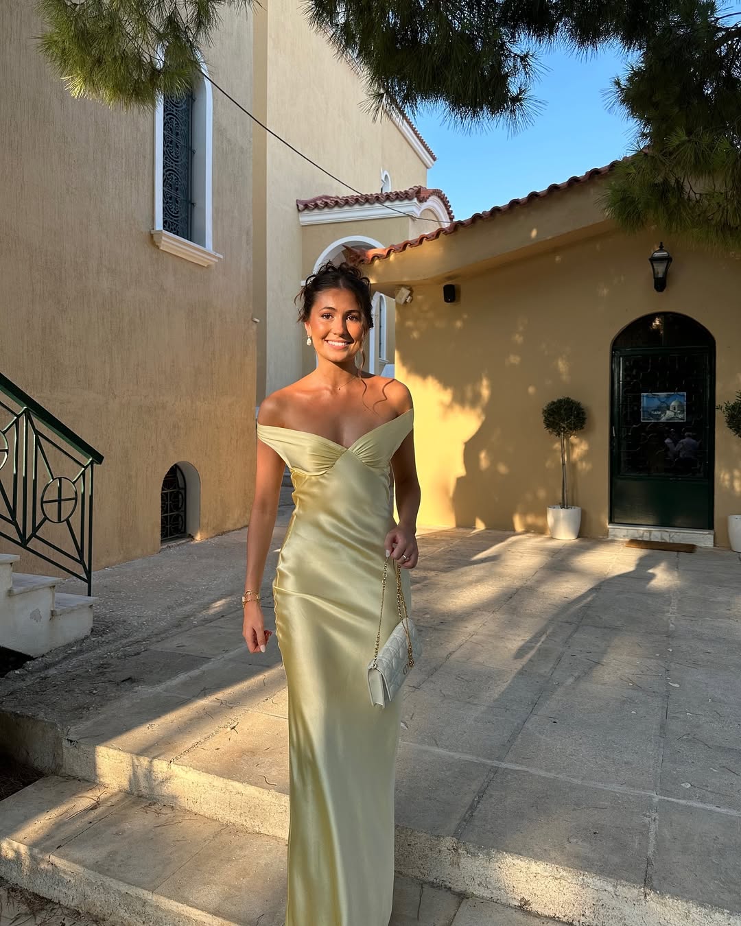 Elegant yellow off-shoulder wedding guest dress – Isadora London