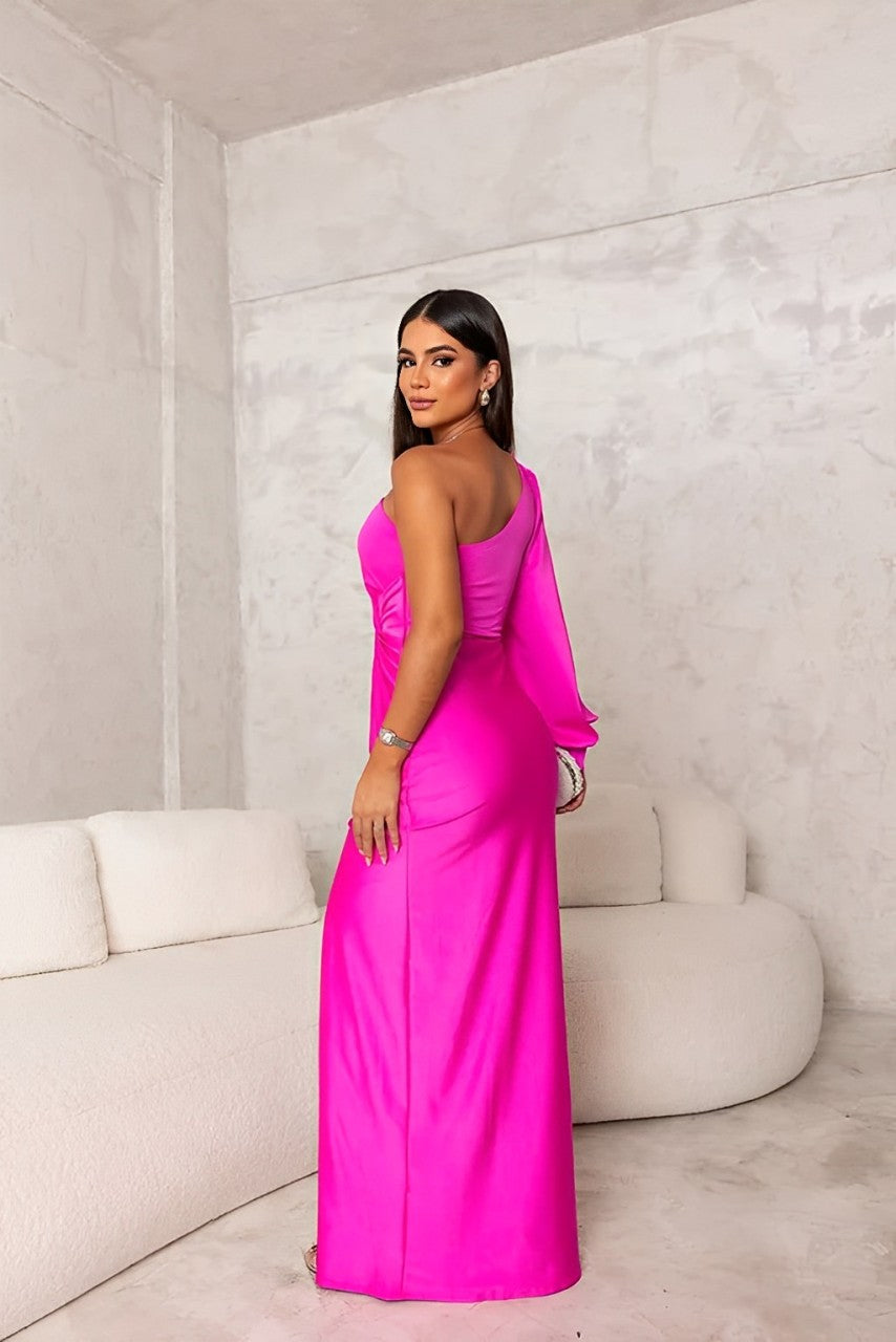 Pink Elegant One Shoulder Wedding Guest Dress – back view with draped shoulder detail