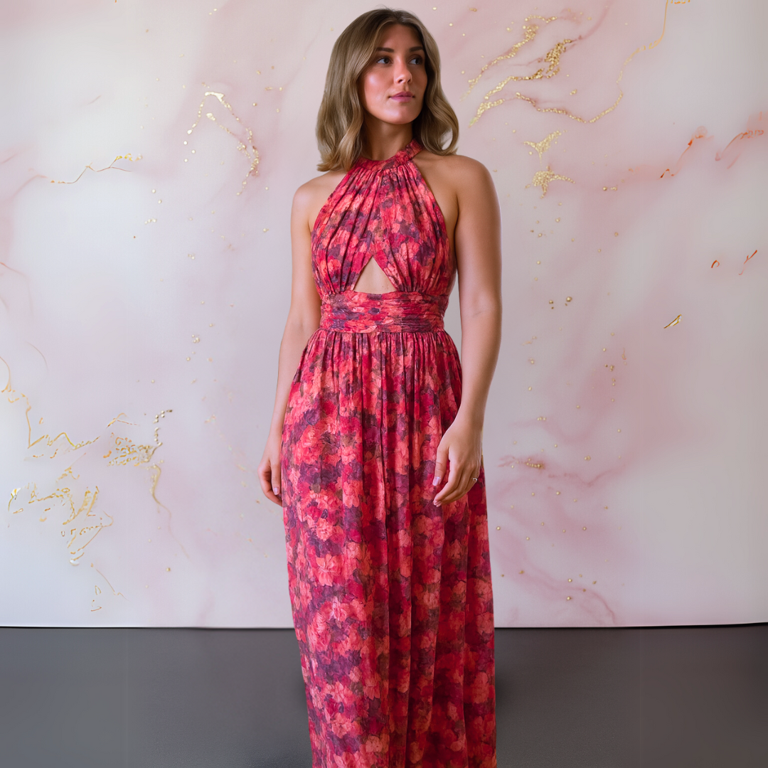 Isadora™ | Elegant Red Floral Maxi Dress