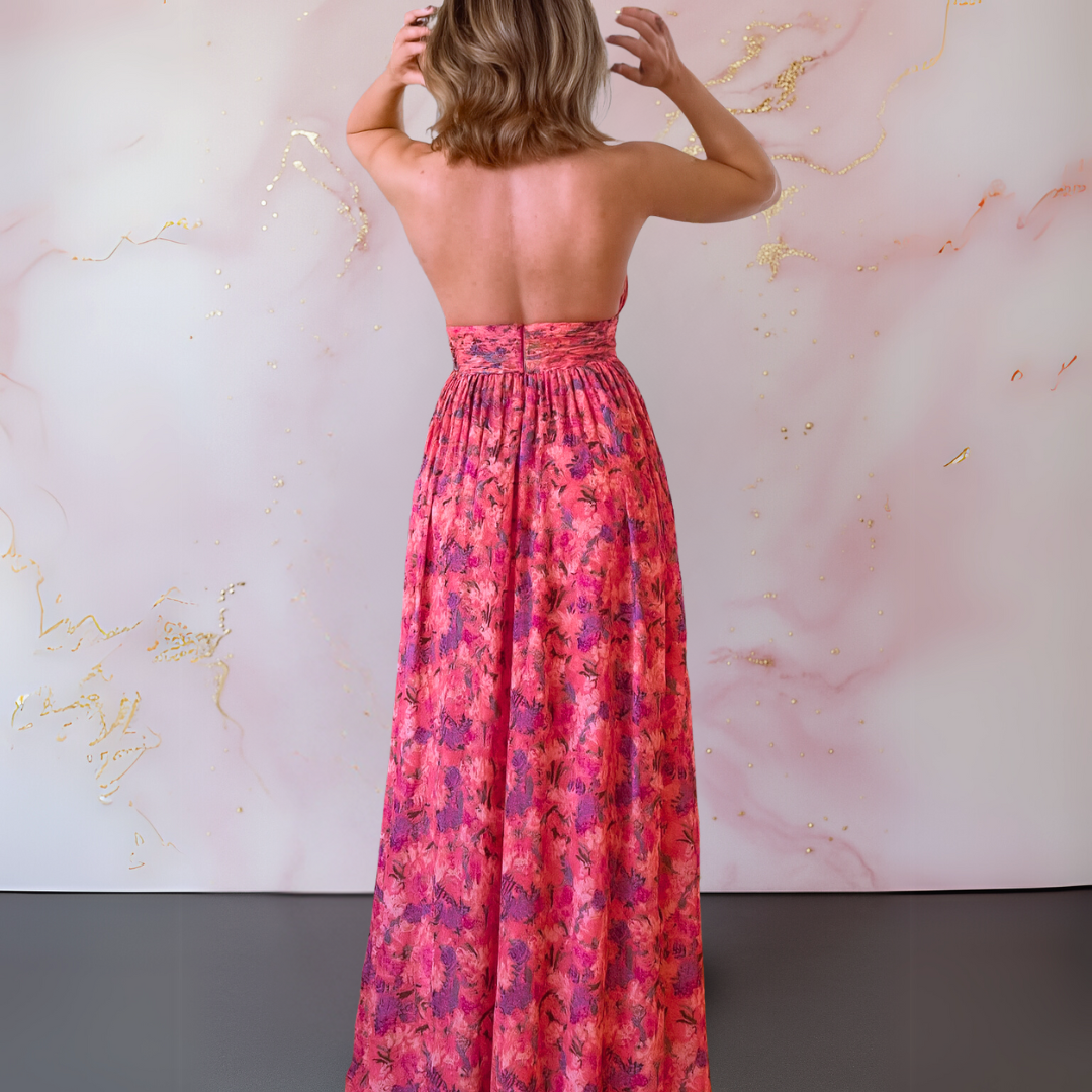Isadora™ | Elegant Red Floral Maxi Dress