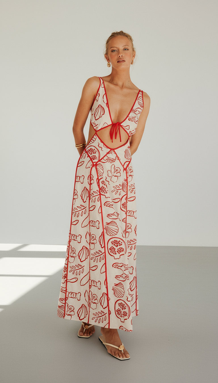 Ophelia Maxi Dress in red marine print by Isadora London – sleeveless cut-out summer maxi, perfect for holidays and beach getaways.
