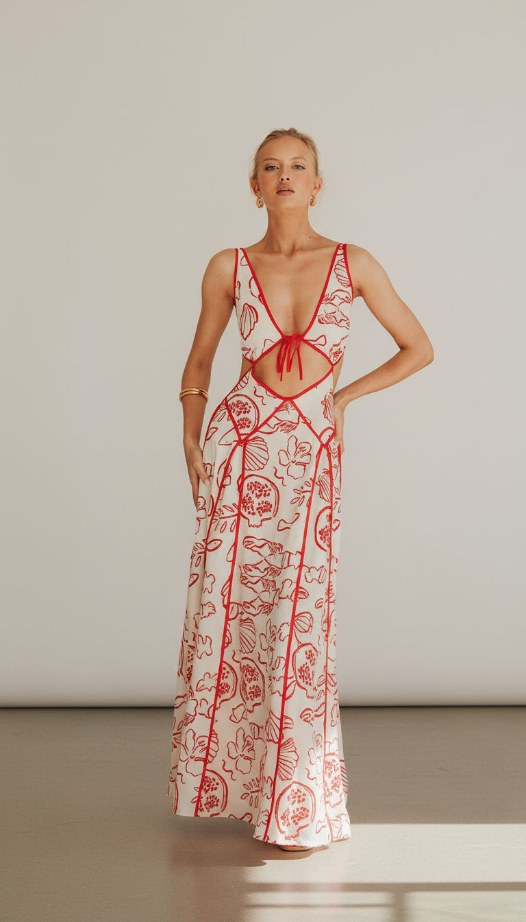 Model wearing the Ophelia Maxi Dress by Isadora London – white cut-out maxi with red marine print, designed for summer weddings and coastal escapes.