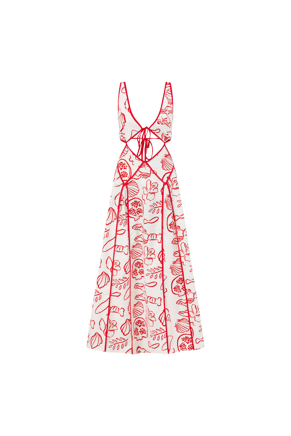 Isadora London Ophelia Maxi Dress in red print – perfect wedding guest or holiday maxi dress with elegant cut-out design.
