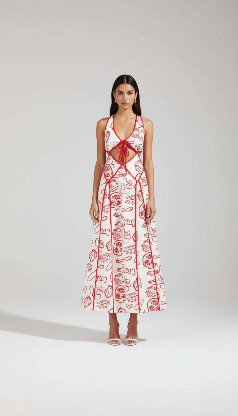Isadora London Ophelia Maxi Dress in red print – perfect wedding guest or holiday maxi dress with elegant cut-out design.