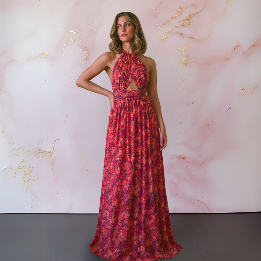 Isadora™ | Elegant Red Floral Maxi Dress