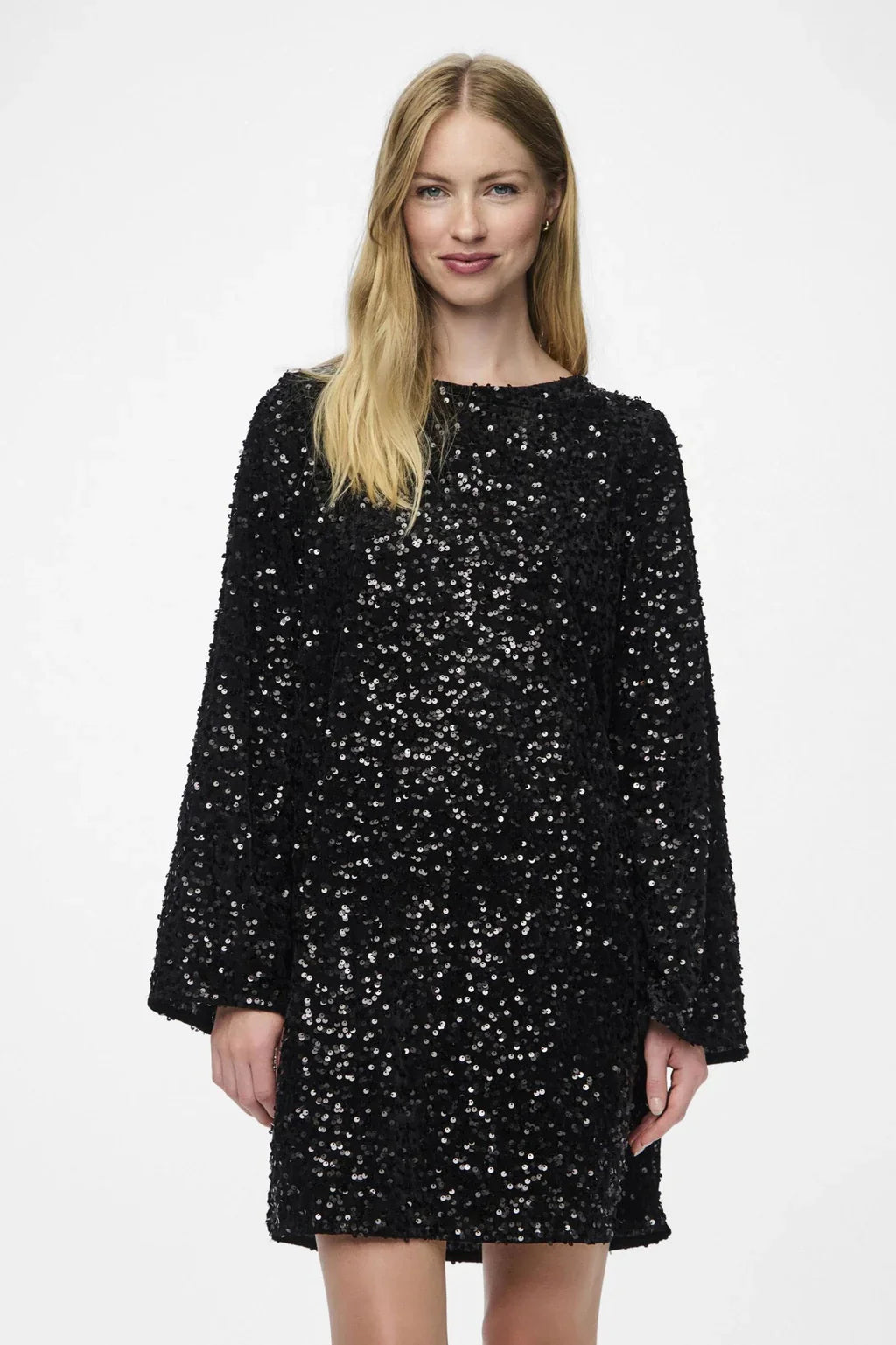 Black glitter mini dress – long sleeves, crew neck; glamour party dress by Isadora London.