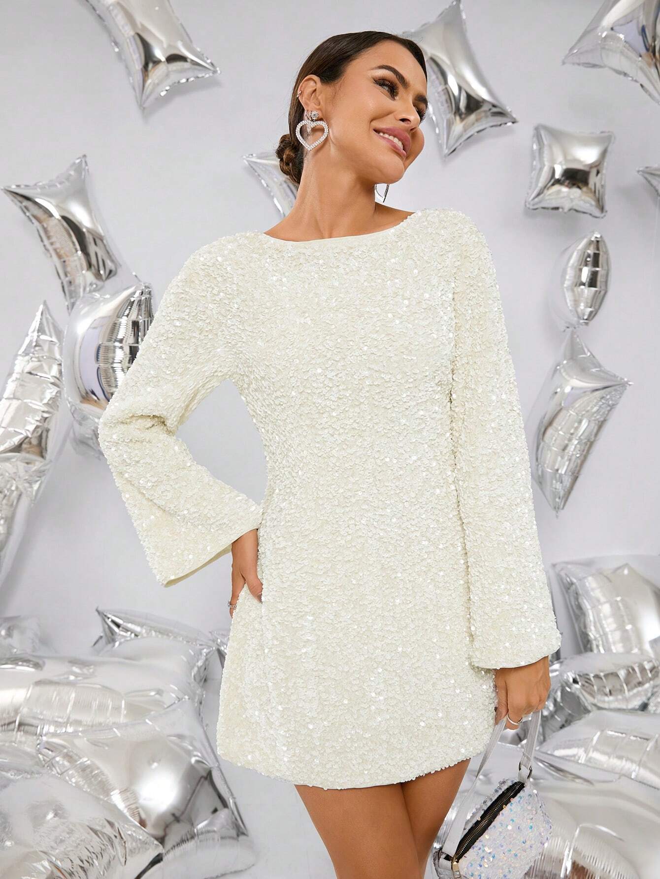 Ivory glitter mini dress – long sleeves, crew neck, A-line fit; party mini by Isadora London.