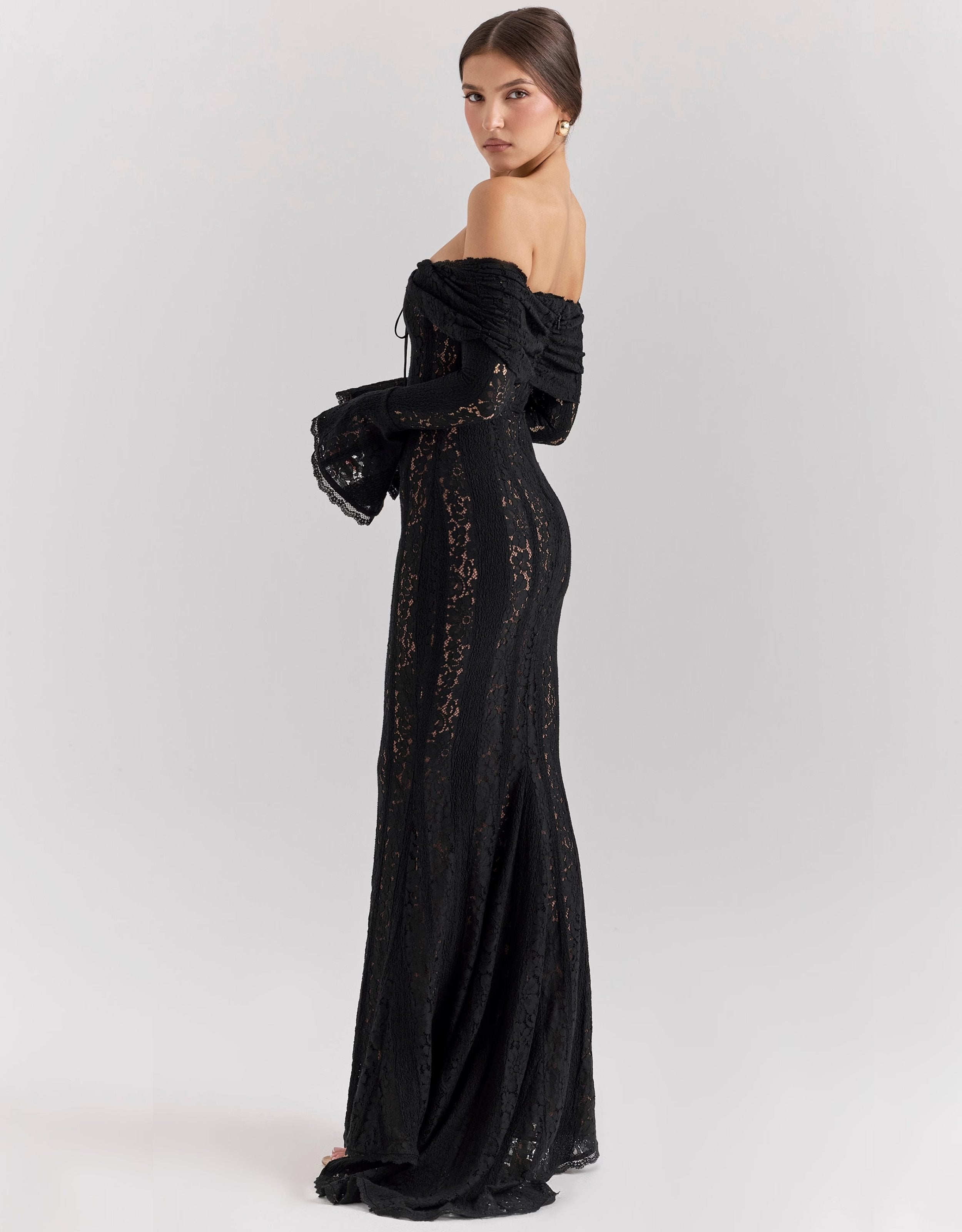 Black lace off-shoulder maxi dress – elegant, evening-ready silhouette | Isadora London