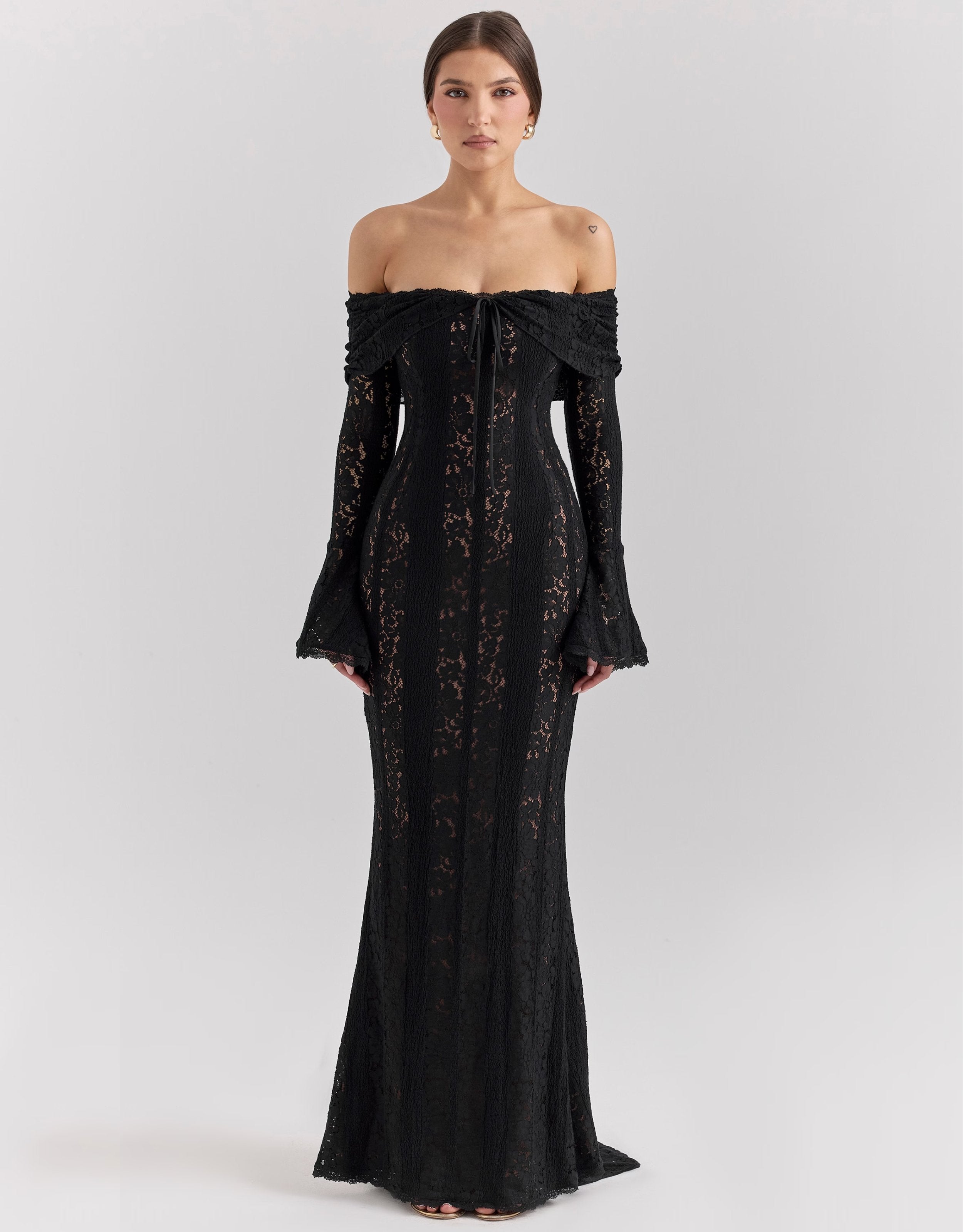 Black lace off-shoulder maxi dress – elegant, evening-ready silhouette | Isadora London