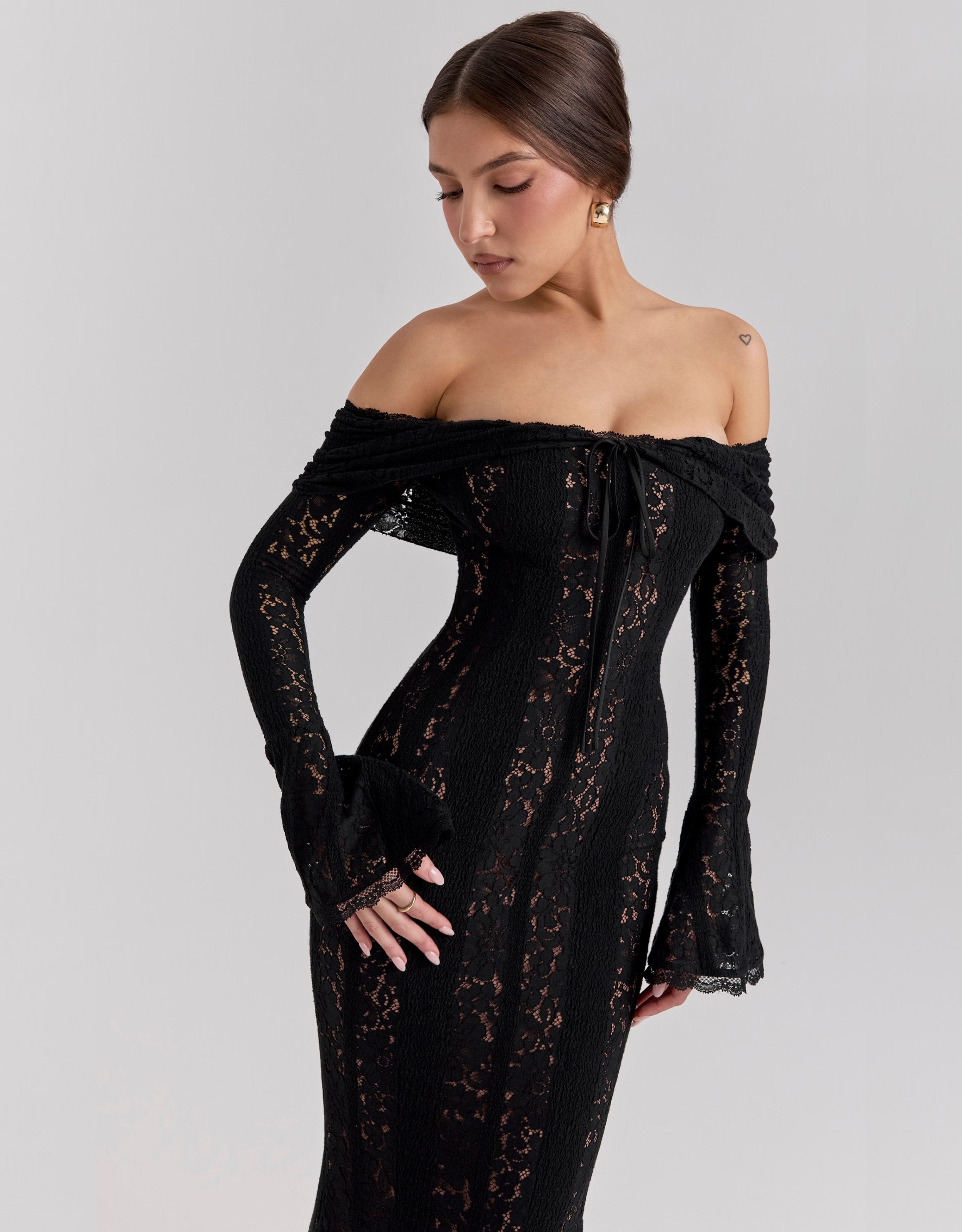 Black lace off-shoulder maxi dress – elegant, evening-ready silhouette | Isadora London
