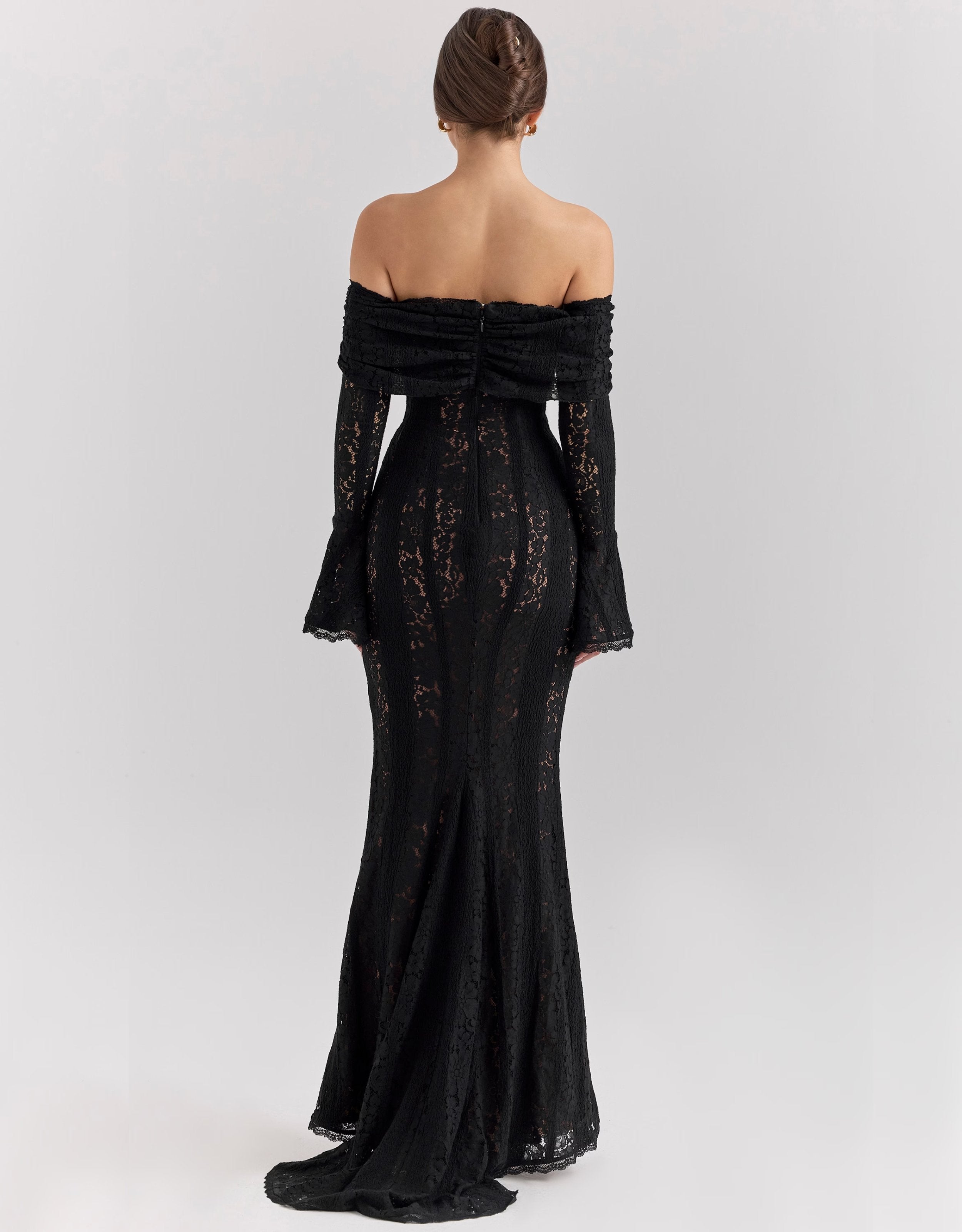 Black lace off-shoulder maxi dress – elegant, evening-ready silhouette | Isadora London